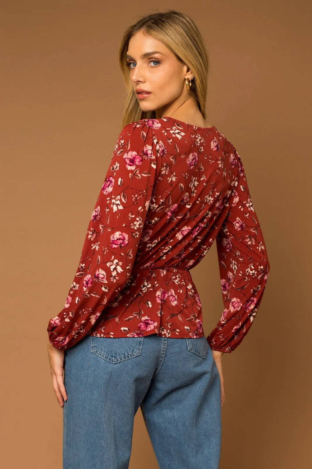 Burgundy Floral Long Sleeve V Neck Blouse sold by Pinkblush product image thumbnail 3