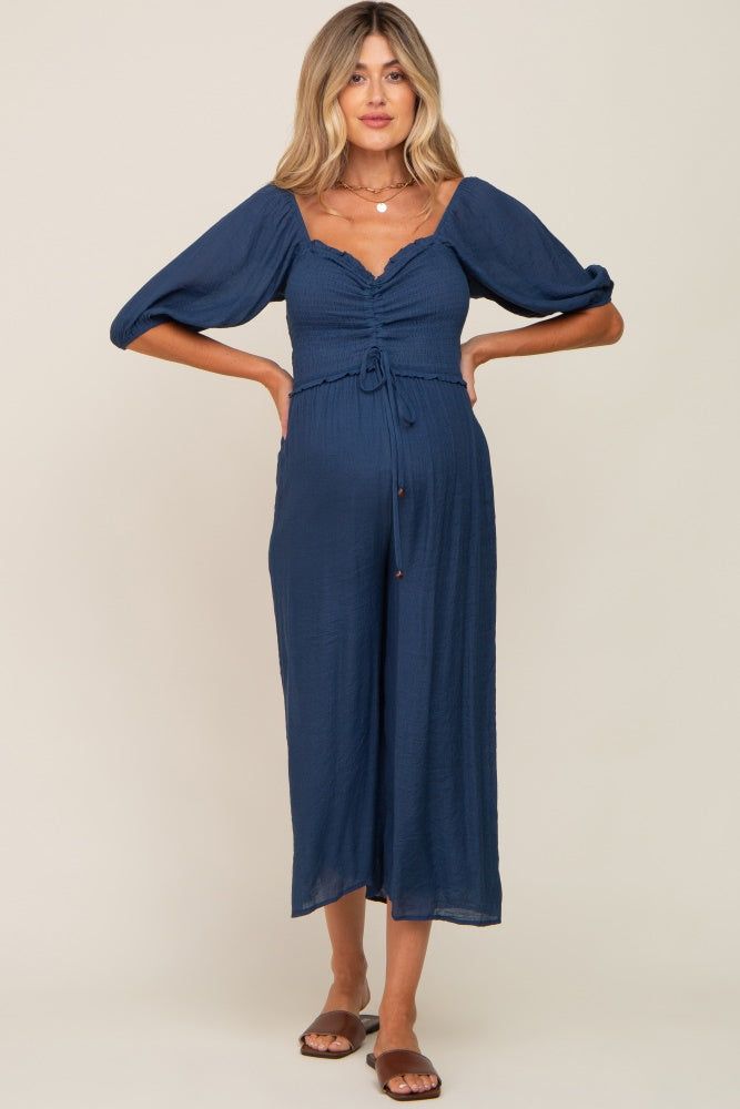 Navy Blue Smocked Drawstring Front Short Sleeve Maternity Jumpsuit sold by Pinkblush product image thumbnail 5