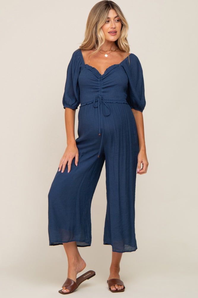 Navy Blue Smocked Drawstring Front Short Sleeve Maternity Jumpsuit sold by Pinkblush product image thumbnail 2