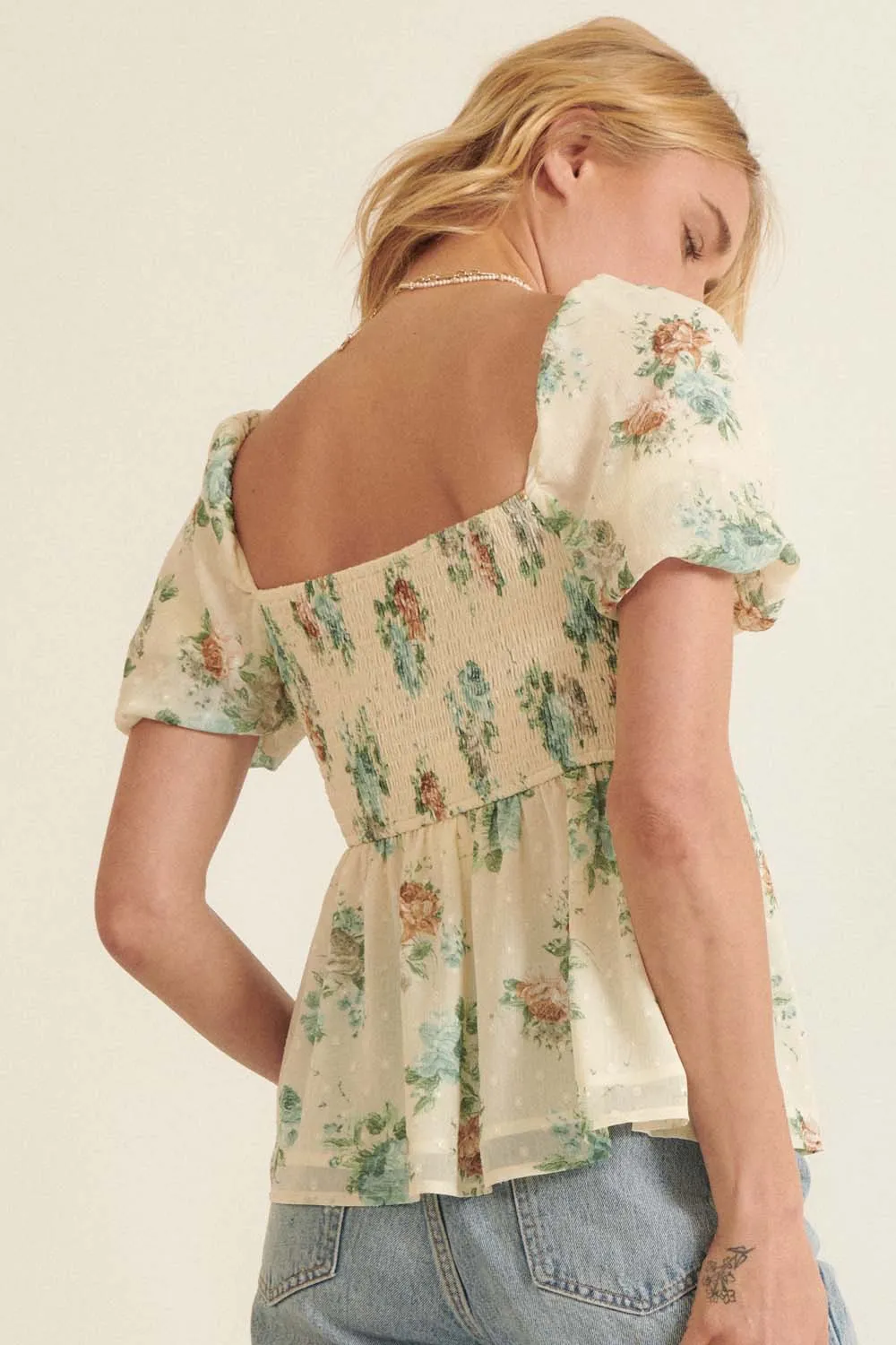 Cream Floral Sweetheart Puff Sleeve Peplum Top sold by Pinkblush product image thumbnail 3