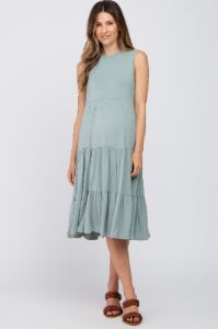 Light Olive Tiered Sleeveless Maternity Midi Dress sold by Pinkblush