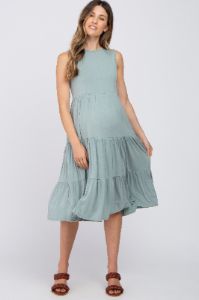 Light Olive Tiered Sleeveless Maternity Midi Dress sold by Pinkblush
