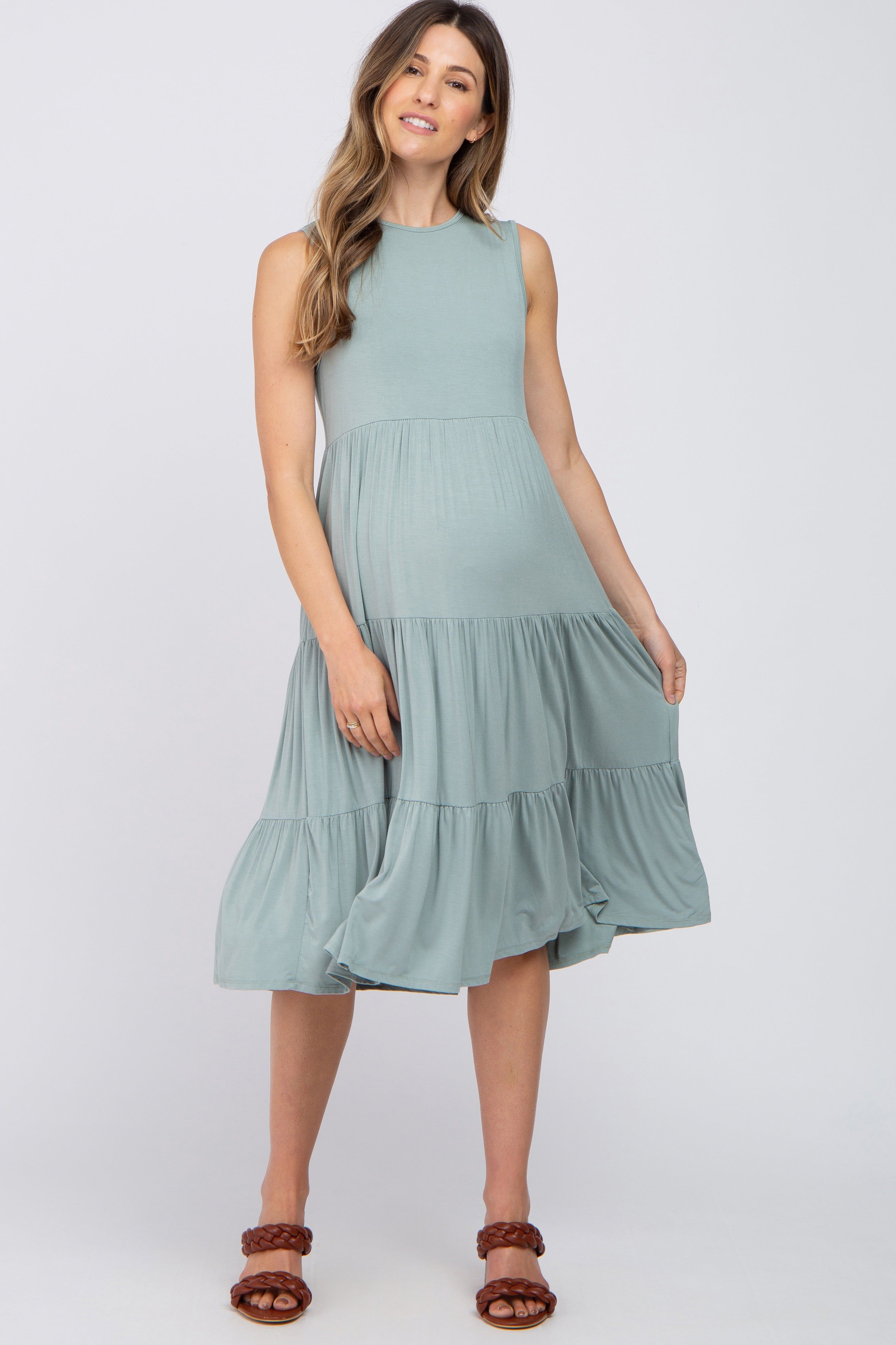Light Olive Tiered Sleeveless Maternity Midi Dress sold by Pinkblush