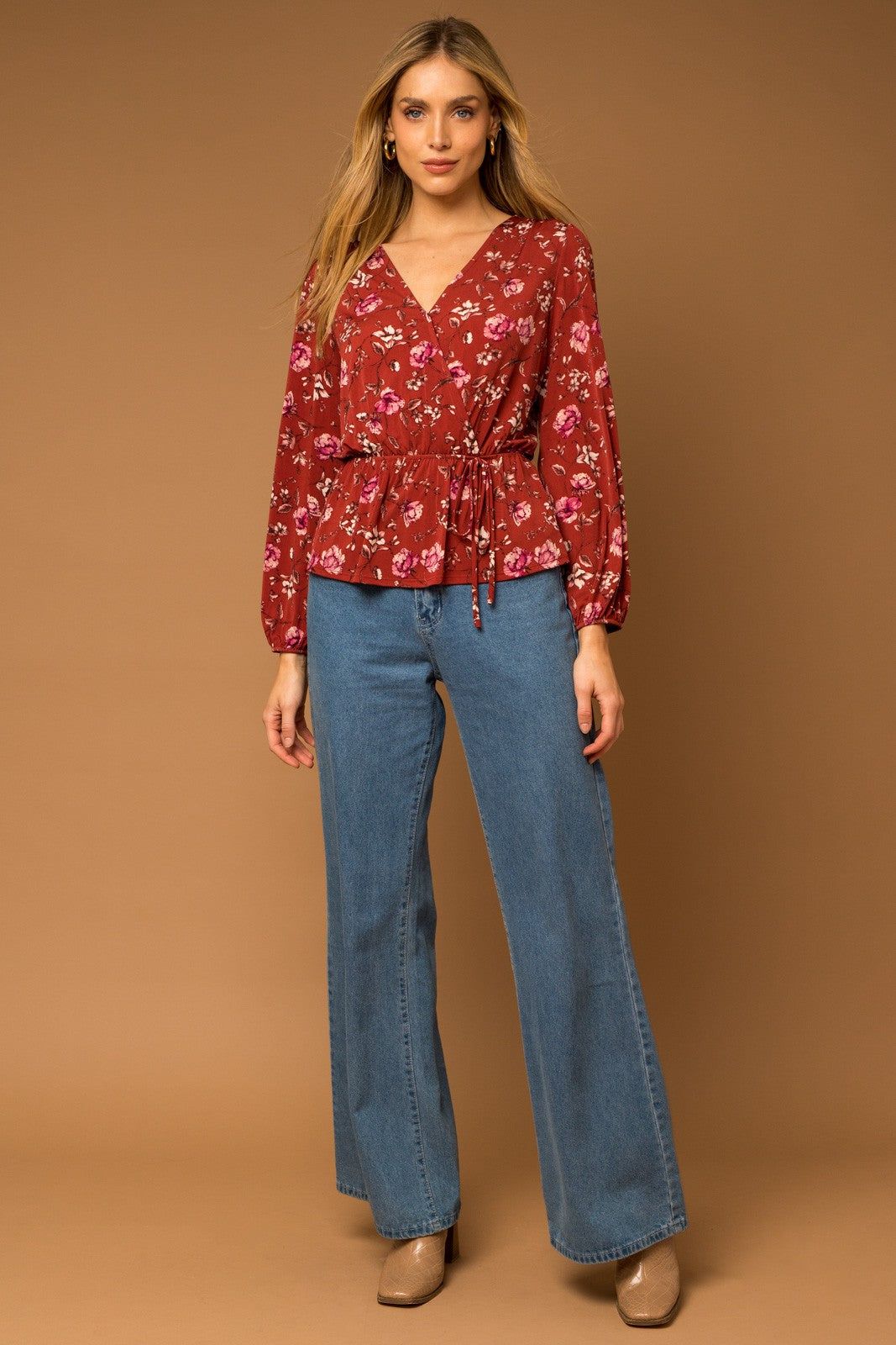 Burgundy Floral Long Sleeve V Neck Blouse sold by Pinkblush product image thumbnail 4