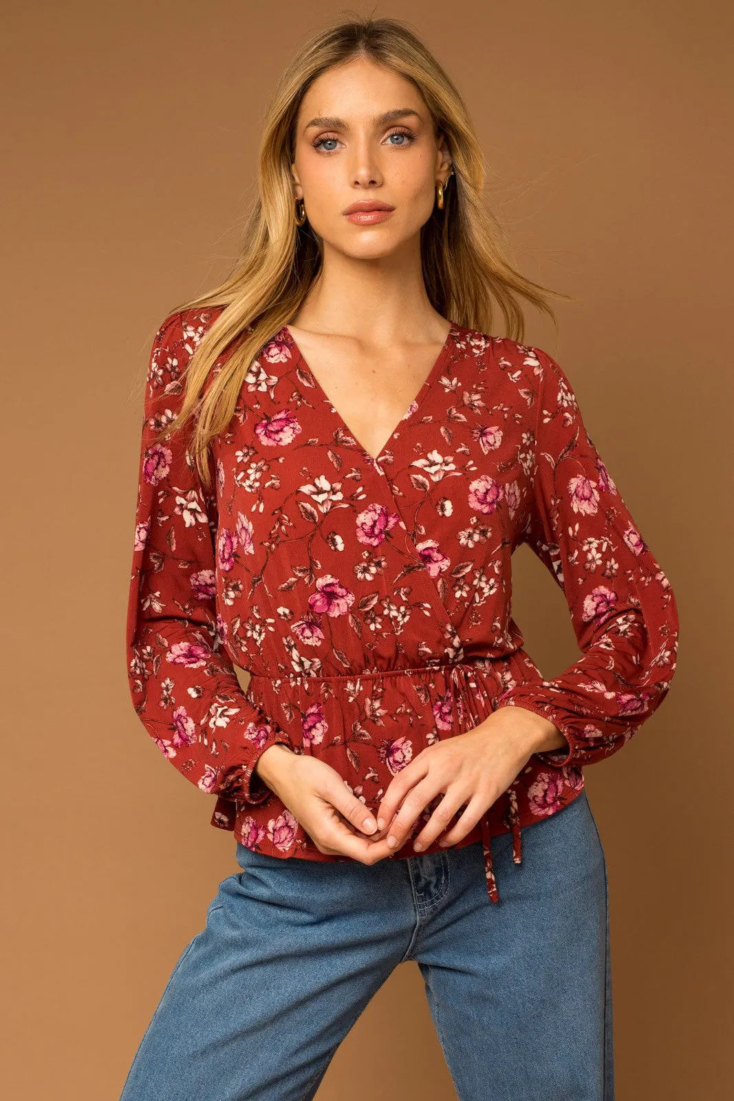 Burgundy Floral Long Sleeve V Neck Blouse sold by Pinkblush