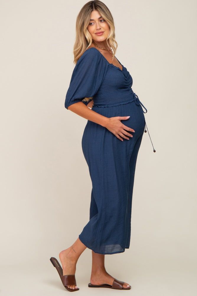 Navy Blue Smocked Drawstring Front Short Sleeve Maternity Jumpsuit sold by Pinkblush product image thumbnail 3