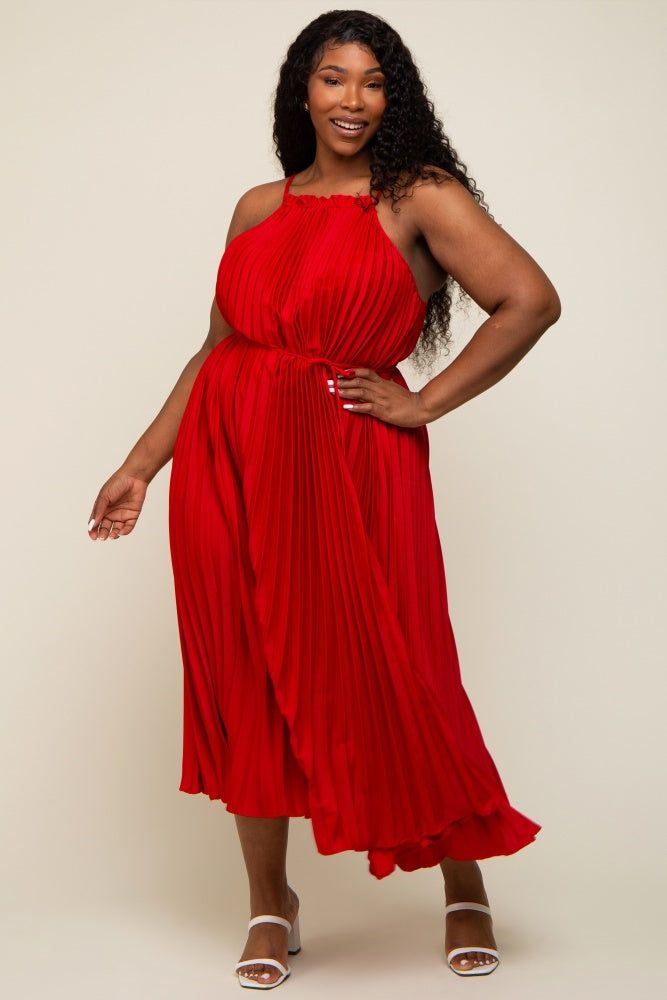 Red Pleated Sleeveless Waist Tie Plus Maxi Dress sold by Pinkblush