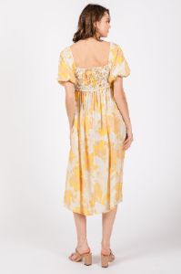 Yellow Floral Square Neck Smocked Short Puff Sleeve Midi Dress sold by Pinkblush