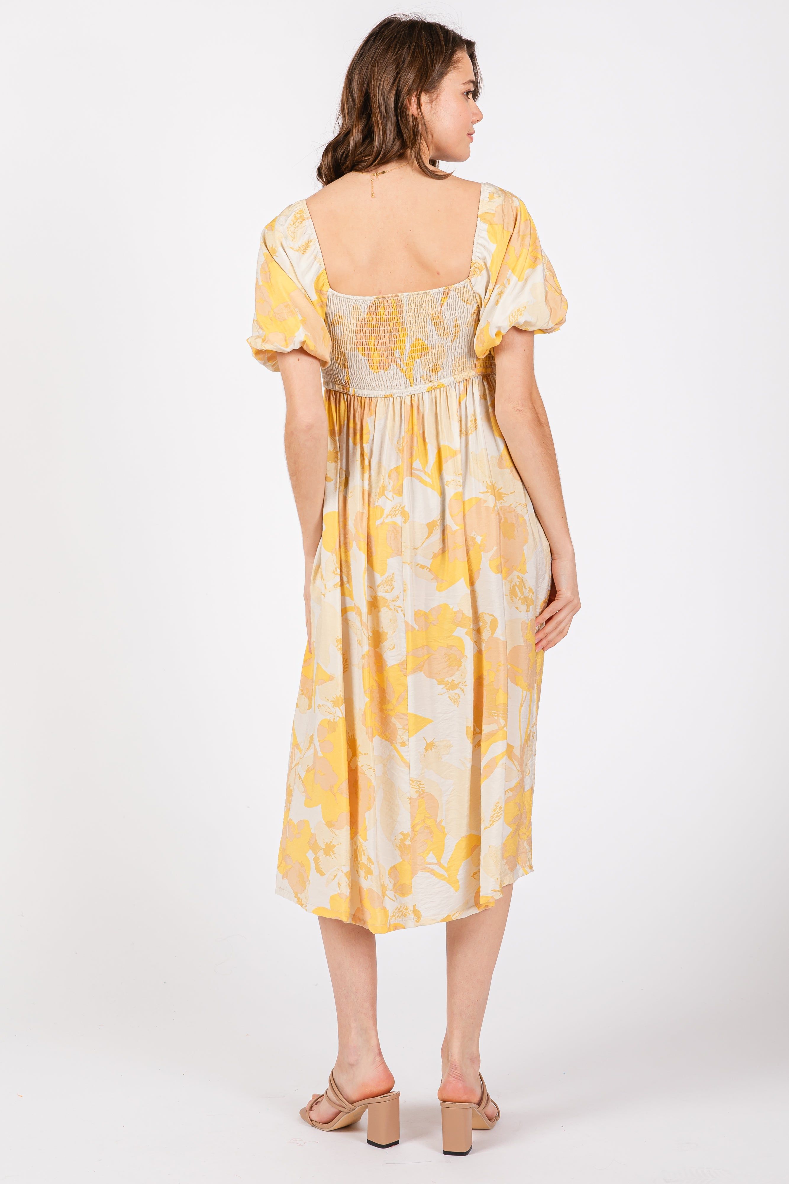 Yellow Floral Square Neck Smocked Short Puff Sleeve Midi Dress sold by Pinkblush product image thumbnail 3