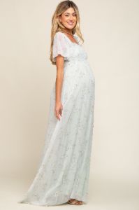 Mint Green Floral Smocked Chiffon Maternity Maxi Dress sold by Pinkblush