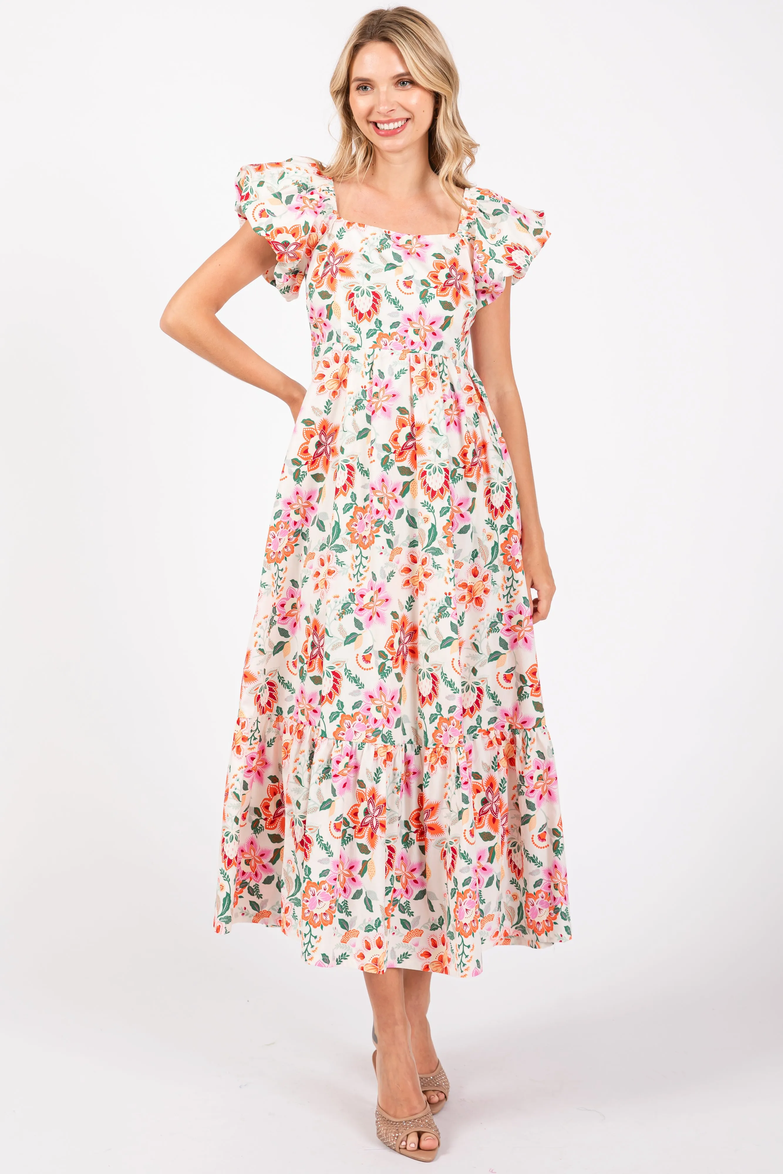 Cream Floral Square Neck Puffy Sleeves Maternity Dress sold by Pinkblush product image thumbnail 4