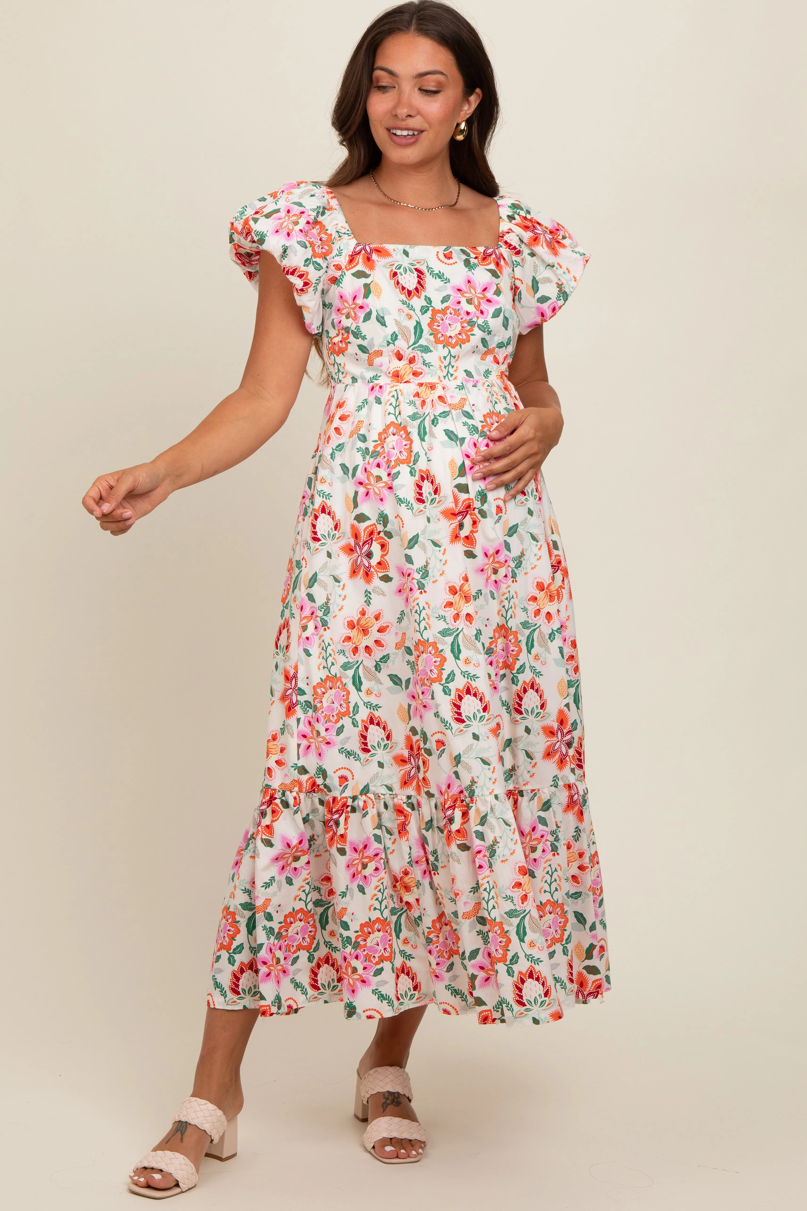 Cream Floral Square Neck Puffy Sleeves Maternity Dress sold by Pinkblush