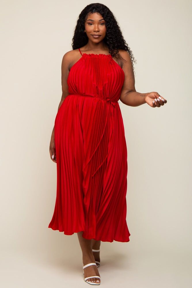 Red Pleated Sleeveless Waist Tie Plus Maxi Dress sold by Pinkblush product image thumbnail 5