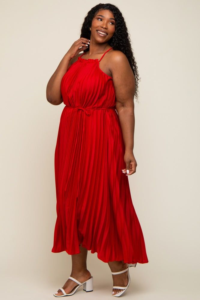 Red Pleated Sleeveless Waist Tie Plus Maxi Dress sold by Pinkblush product image thumbnail 2