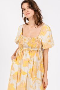 Yellow Floral Square Neck Smocked Short Puff Sleeve Midi Dress sold by Pinkblush