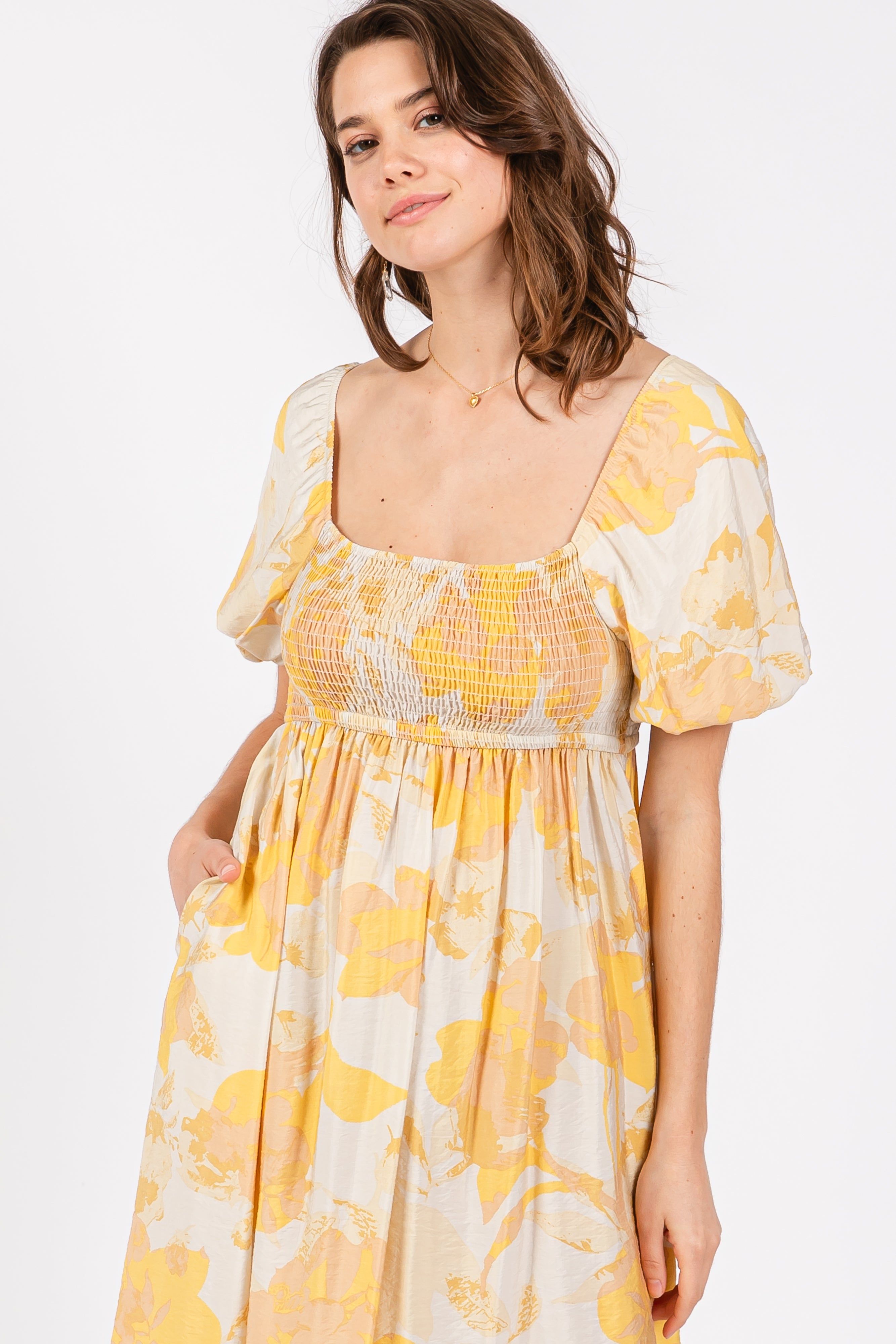 Yellow Floral Square Neck Smocked Short Puff Sleeve Midi Dress sold by Pinkblush product image thumbnail 4