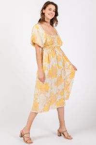 Yellow Floral Square Neck Smocked Short Puff Sleeve Midi Dress sold by Pinkblush