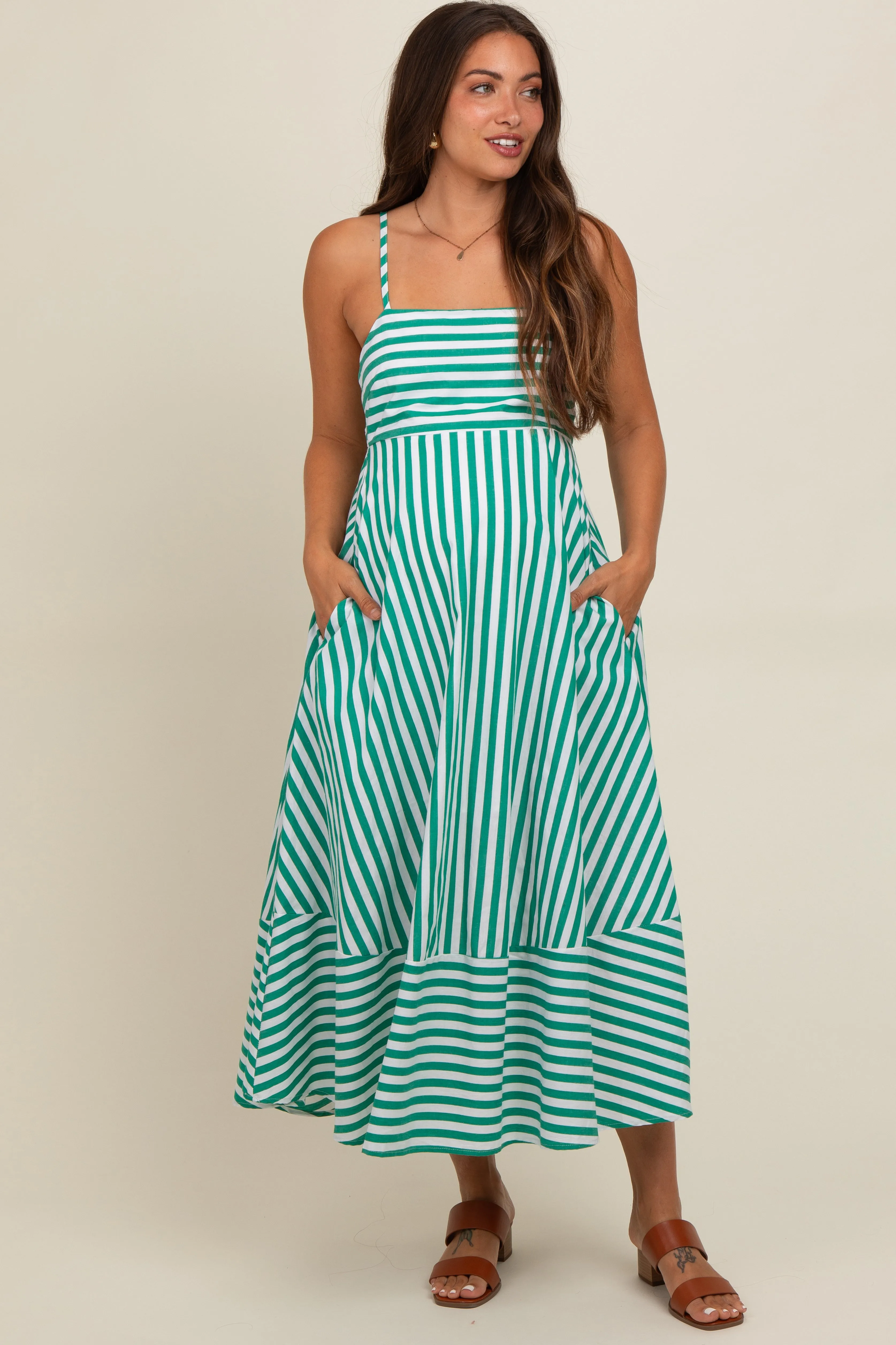 Green Contrast Stripe Maternity Midi Dress sold by Pinkblush