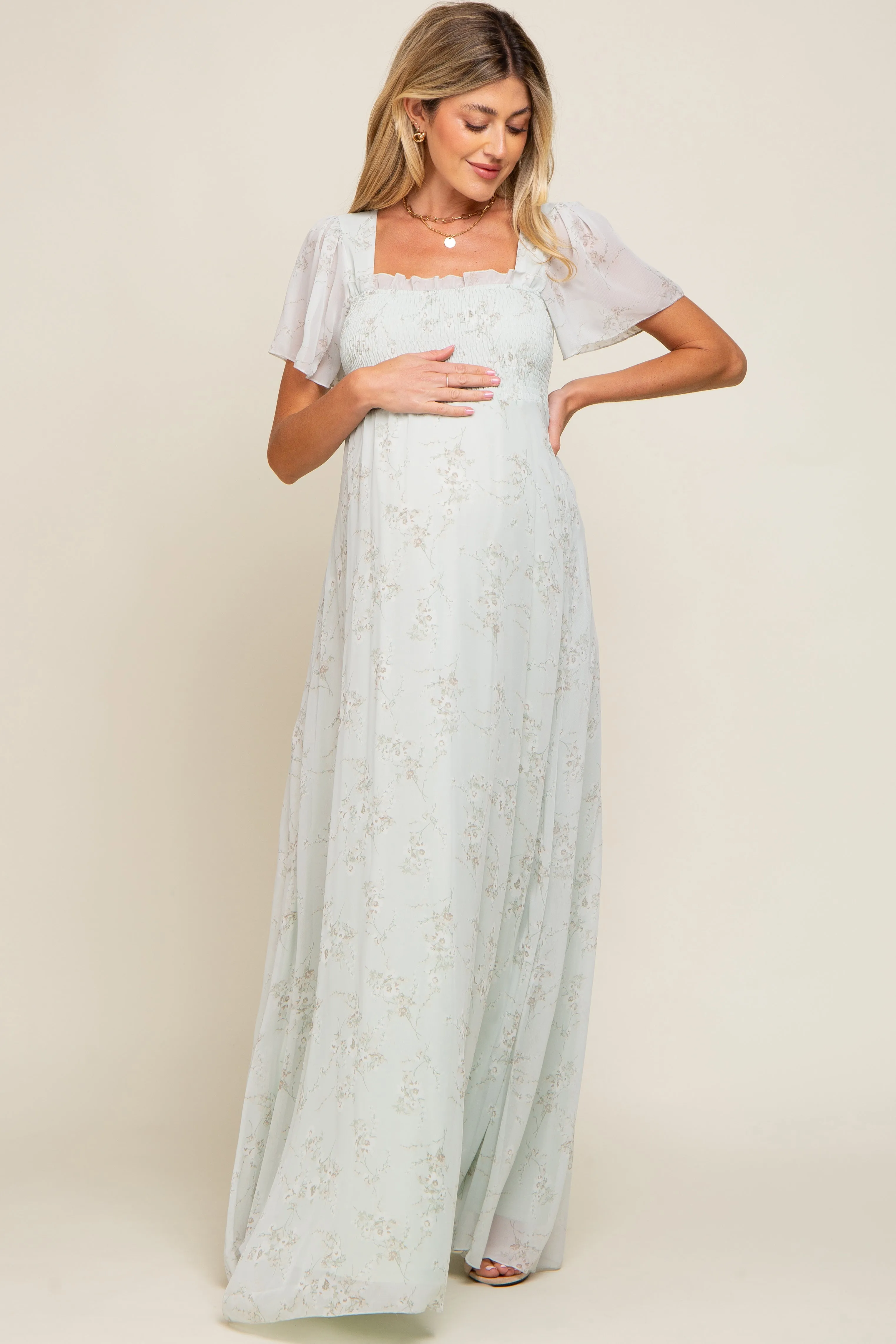 Mint Green Floral Smocked Chiffon Maternity Maxi Dress sold by Pinkblush product image thumbnail 4