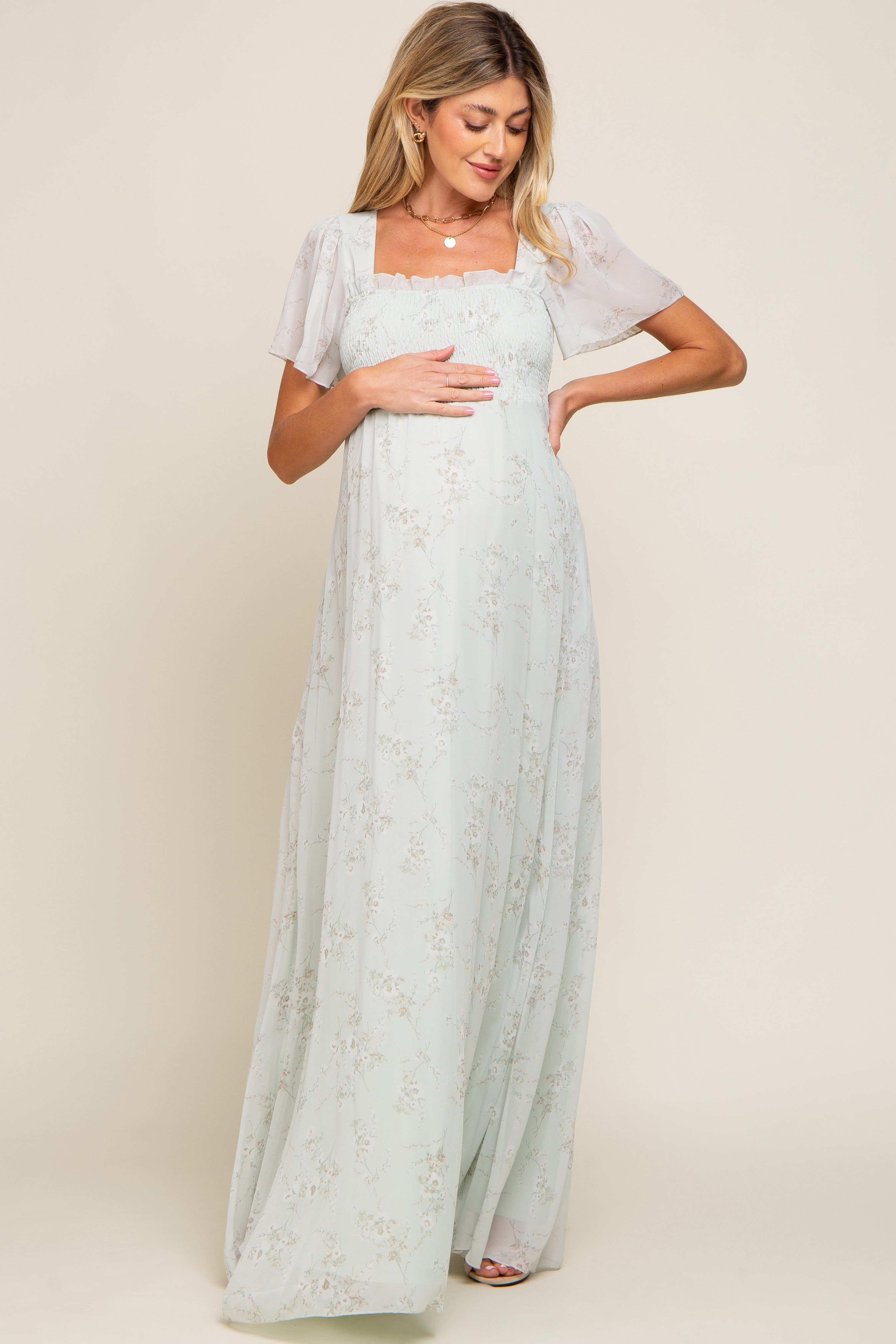 Mint Green Floral Smocked Chiffon Maternity Maxi Dress sold by Pinkblush