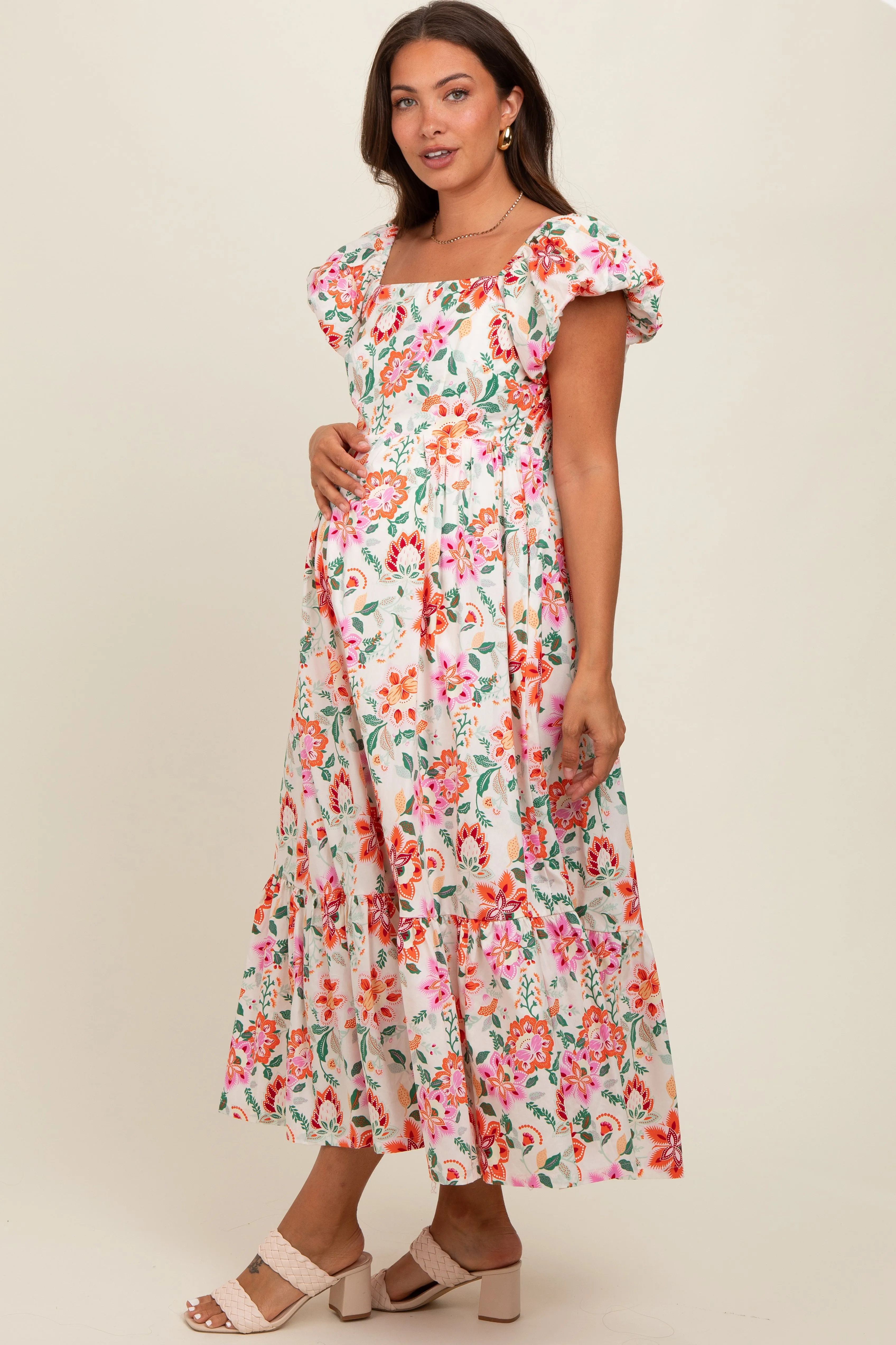 Cream Floral Square Neck Puffy Sleeves Maternity Dress sold by Pinkblush product image thumbnail 2