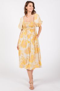 Yellow Floral Square Neck Smocked Short Puff Sleeve Midi Dress sold by Pinkblush