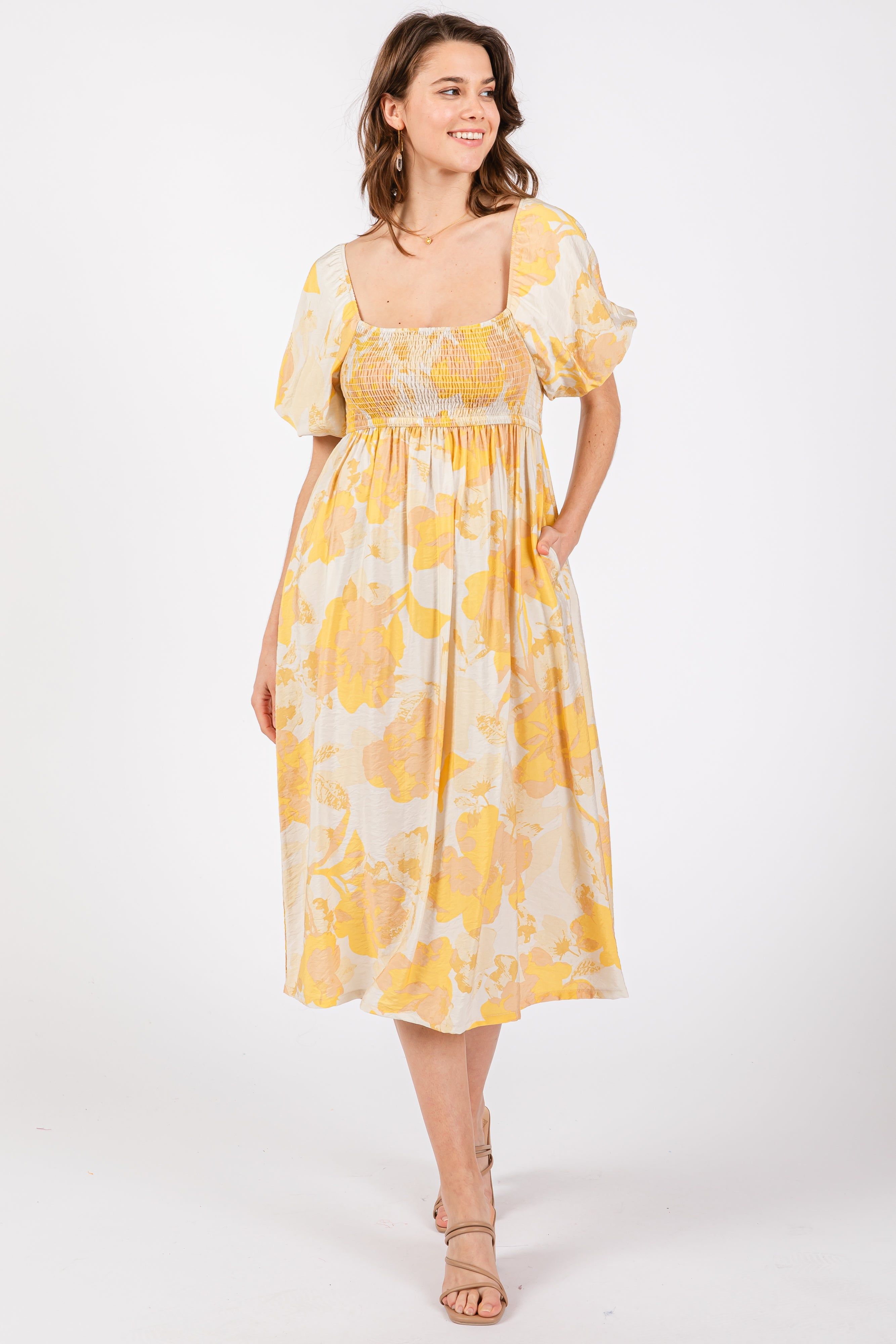 Yellow Floral Square Neck Smocked Short Puff Sleeve Midi Dress sold by Pinkblush product image thumbnail 2