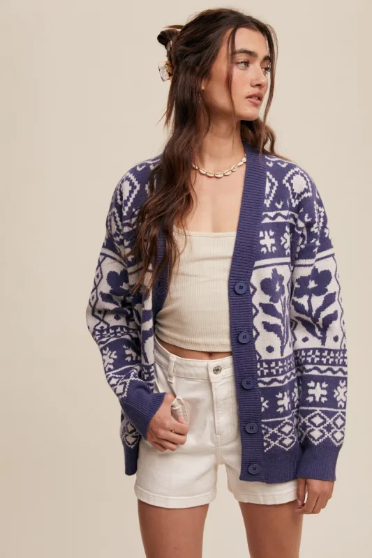Navy Blue Printed Button Up Cardigan sold by Pinkblush