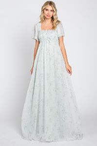 Mint Green Floral Smocked Chiffon Maternity Maxi Dress sold by Pinkblush