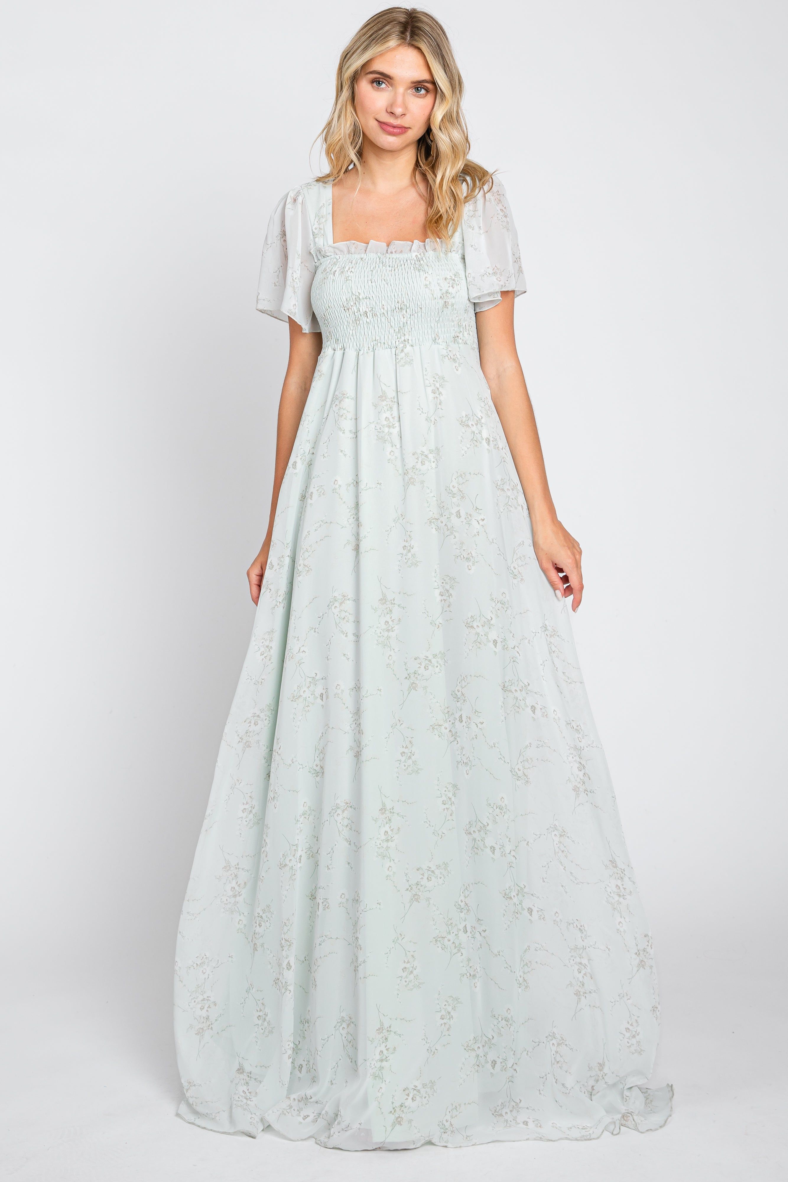 Mint Green Floral Smocked Chiffon Maternity Maxi Dress sold by Pinkblush product image thumbnail 5