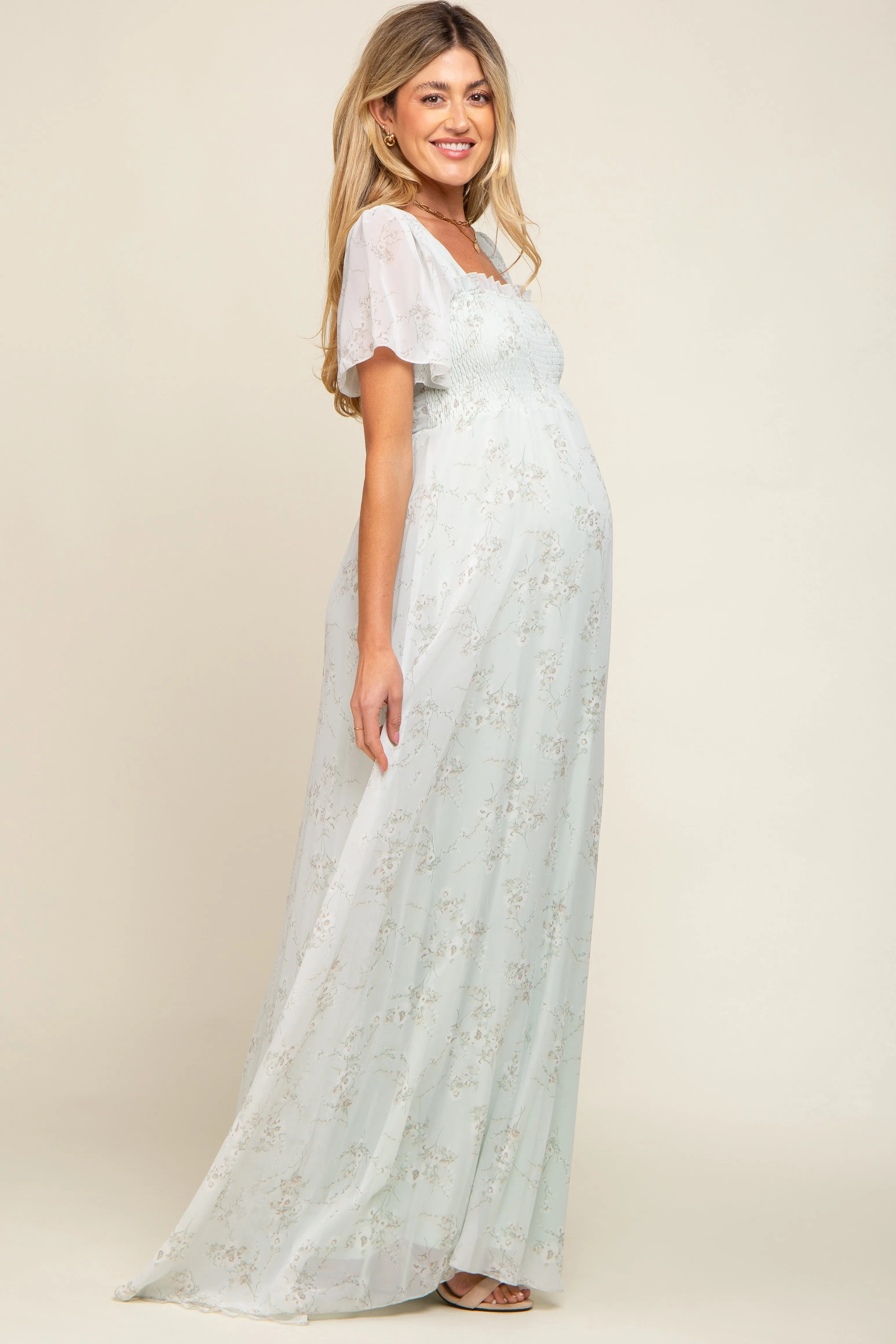 Mint Green Floral Smocked Chiffon Maternity Maxi Dress sold by Pinkblush product image thumbnail 2