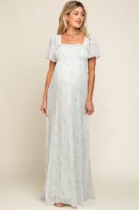 Mint Green Floral Smocked Chiffon Maternity Maxi Dress sold by Pinkblush