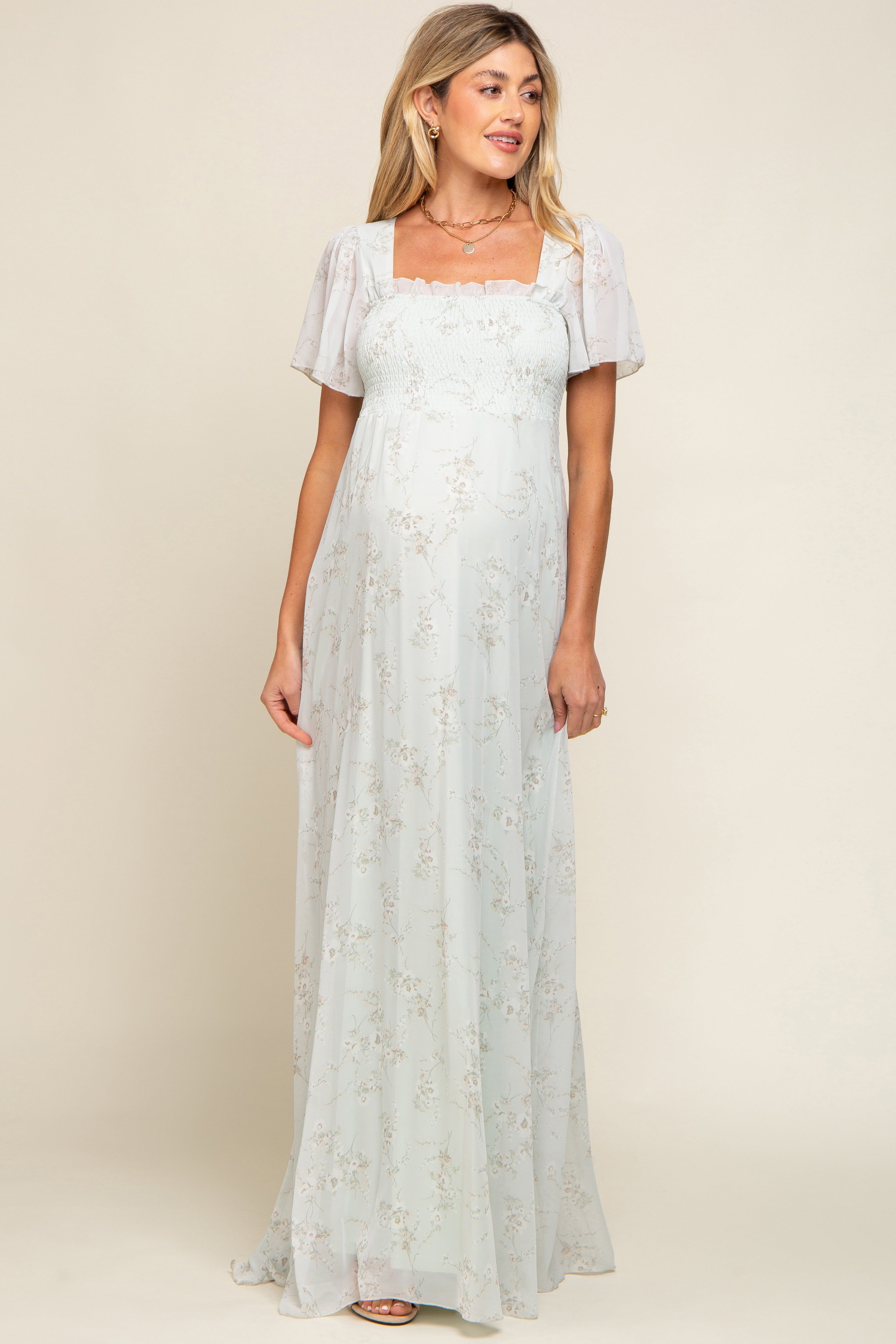 Mint Green Floral Smocked Chiffon Maternity Maxi Dress sold by Pinkblush product image thumbnail 2