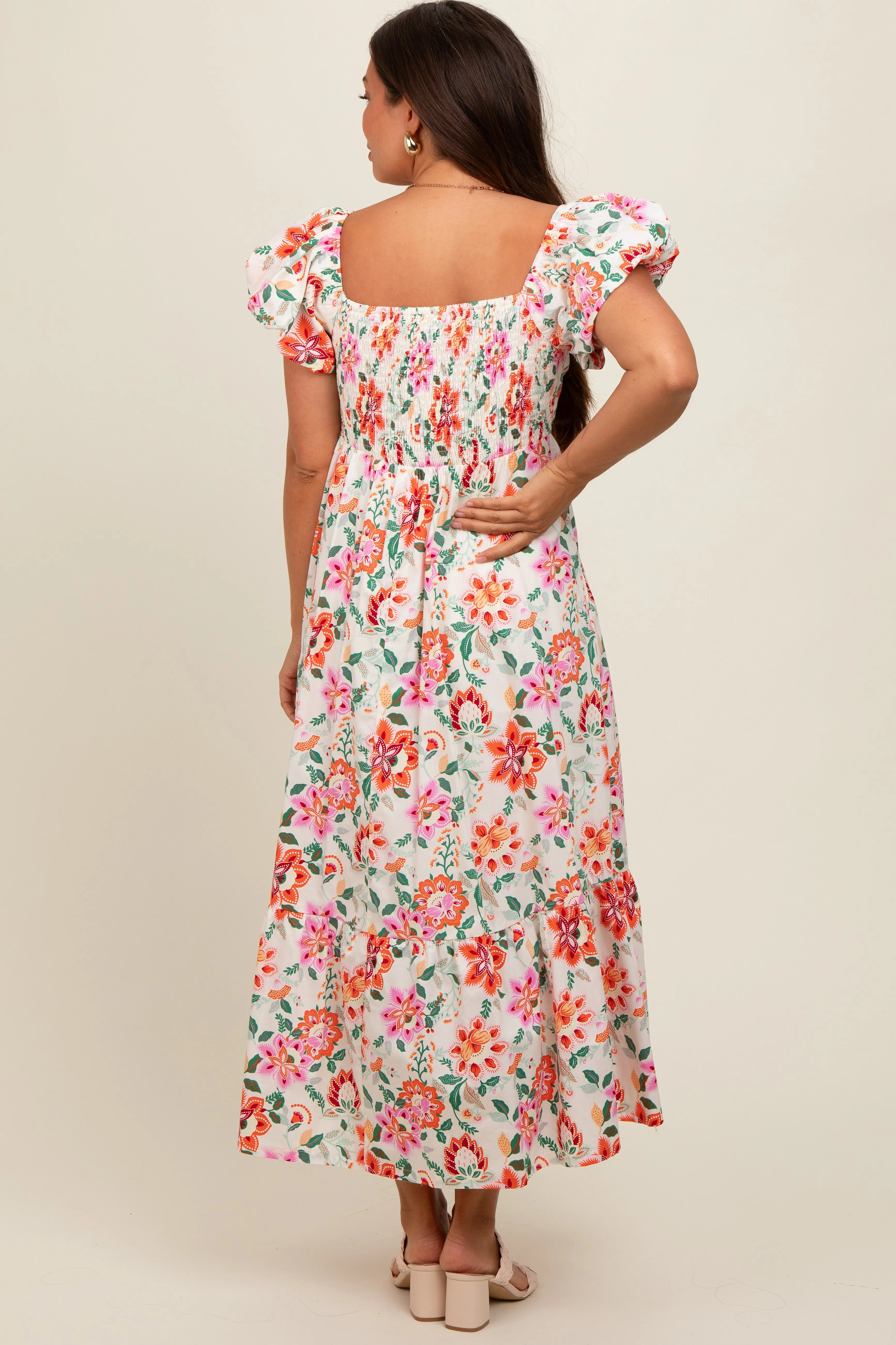 Cream Floral Square Neck Puffy Sleeves Maternity Dress sold by Pinkblush product image thumbnail 3
