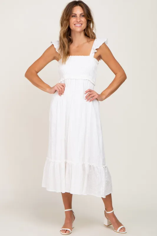 White Smocked Textured Midi Dress sold by Pinkblush