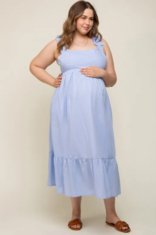Light Blue Ruffle Strap Back Tie Maternity Plus Midi Dress sold by Pinkblush