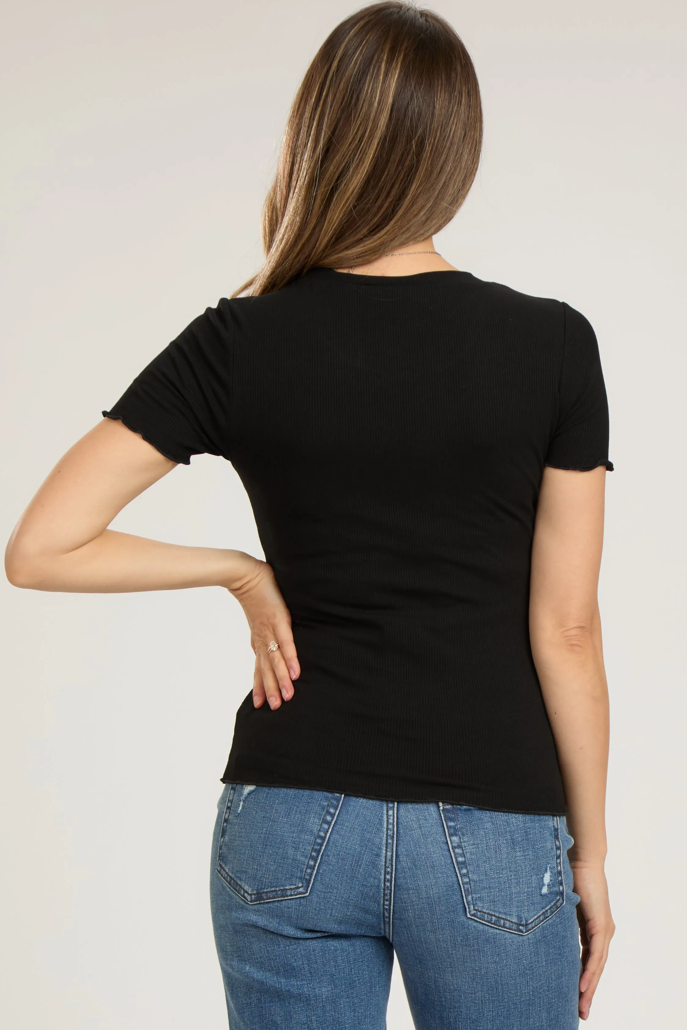 Black Ribbed Fitted Lettuce Trim Maternity Top sold by Pinkblush product image thumbnail 3