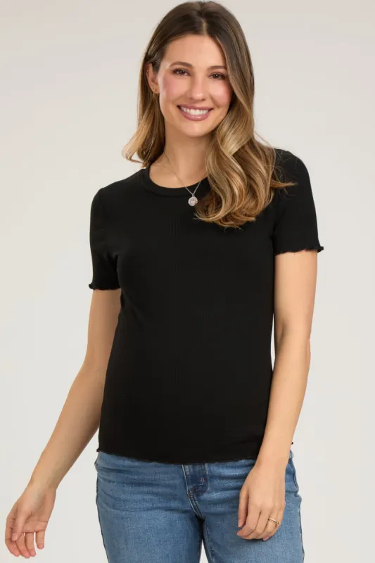 Black Ribbed Fitted Lettuce Trim Maternity Top sold by Pinkblush