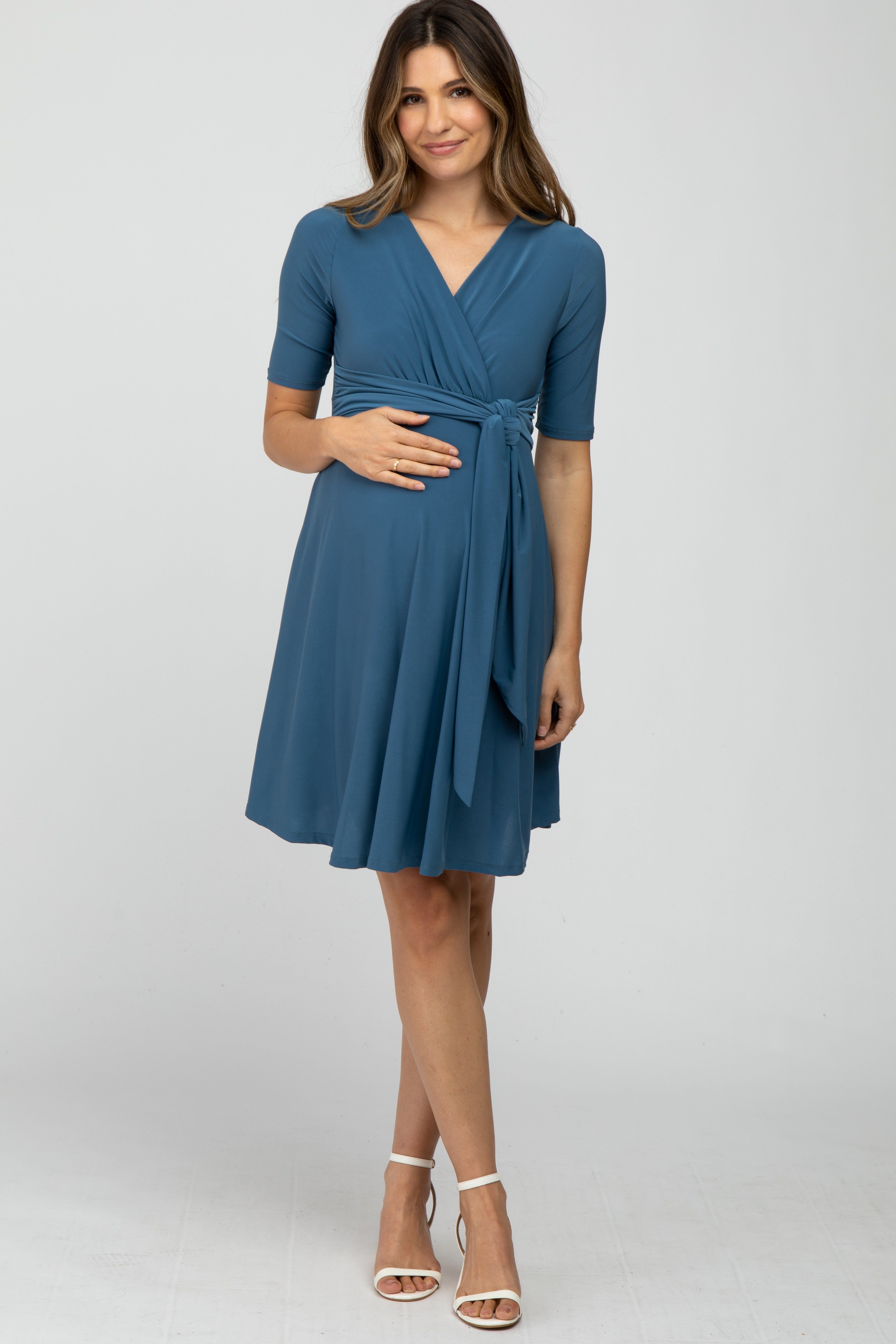 Blue Waist Tie Maternity Nursing Dress sold by Pinkblush