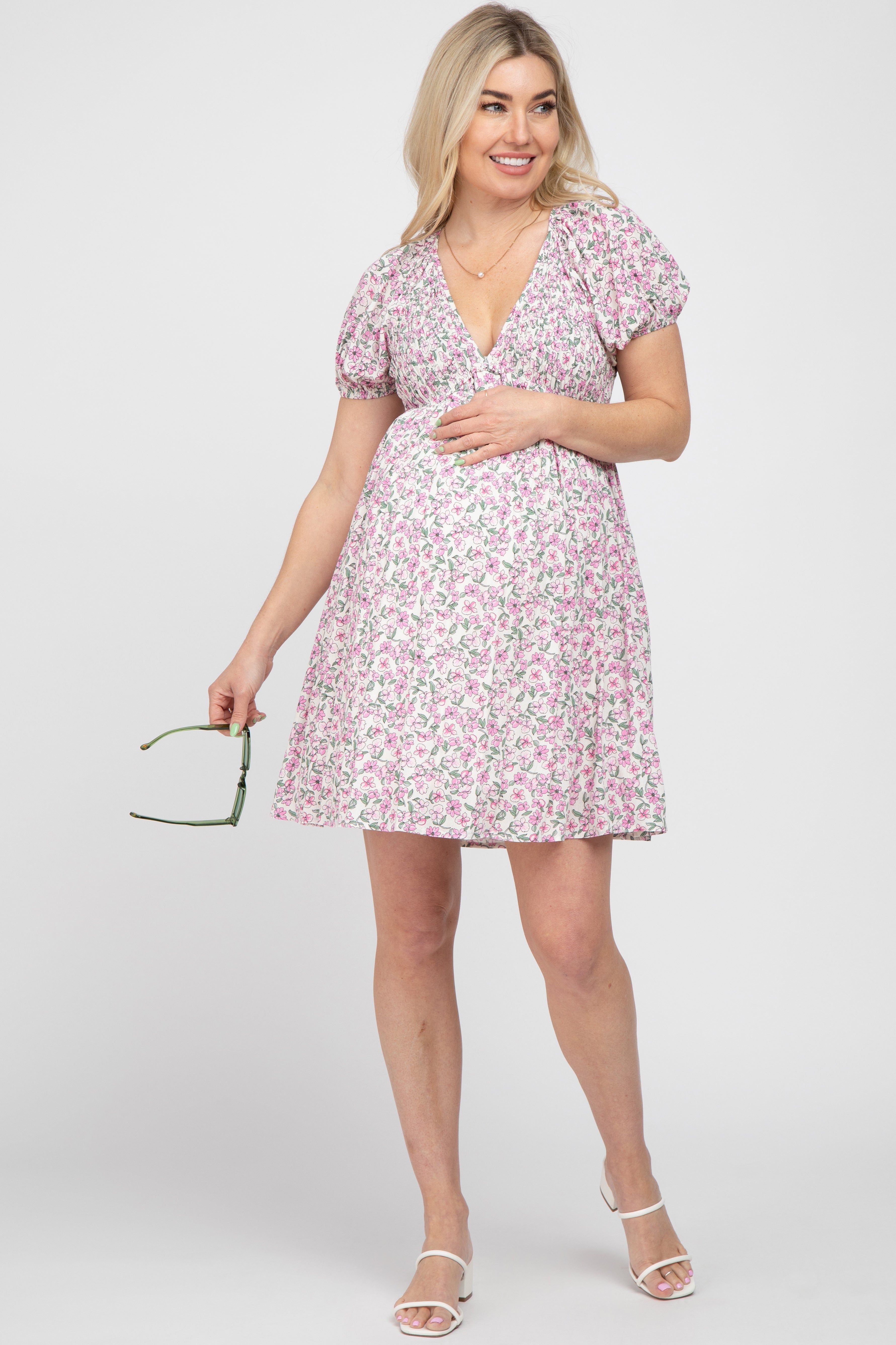 Pink Floral Smocked V-Neck Maternity Dress sold by Pinkblush product image thumbnail 4