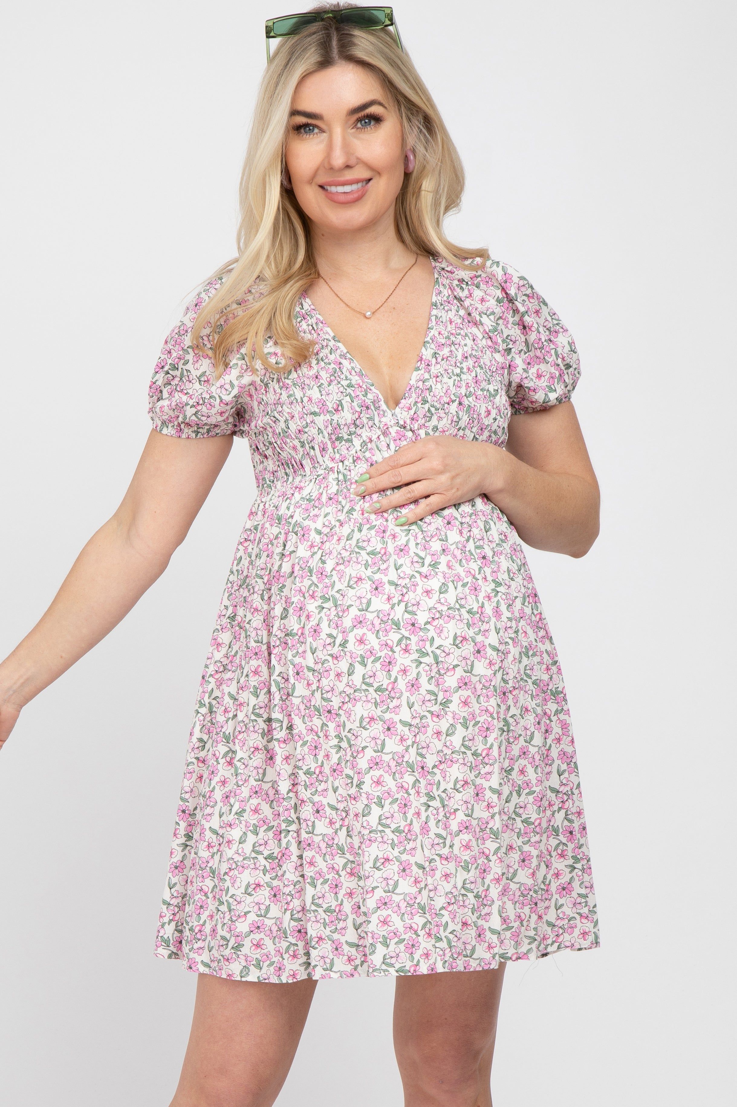Pink Floral Smocked V-Neck Maternity Dress sold by Pinkblush