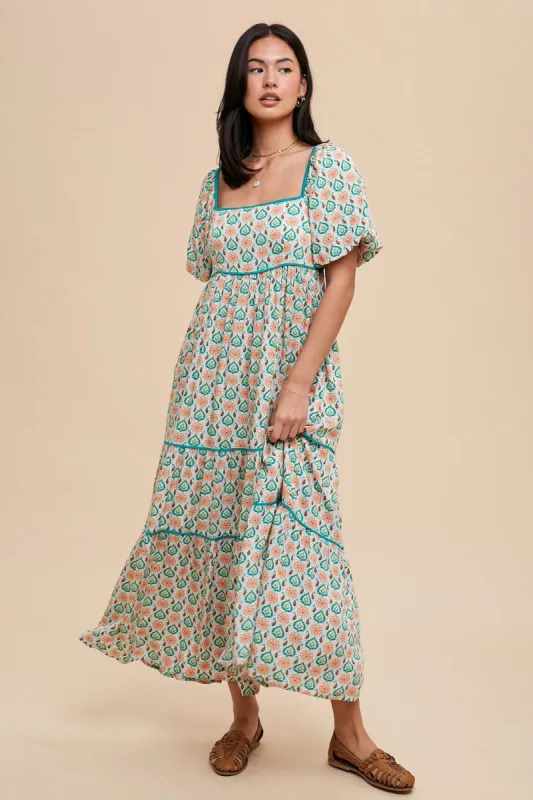 Green Floral Print Puff Sleeve Maxi Dress sold by Pinkblush