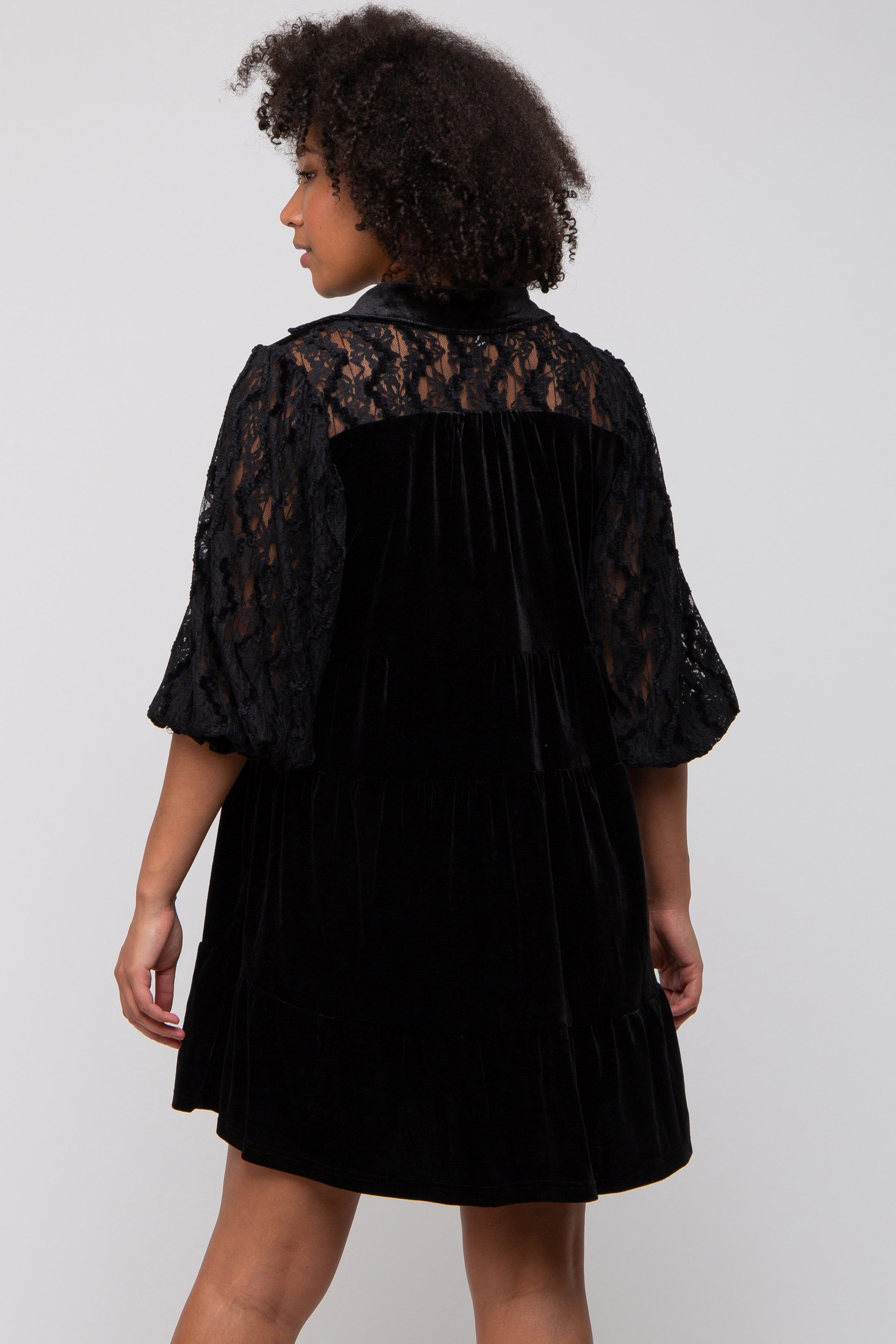 Black Velvet Lace Sleeve Collared Tiered Dress sold by Pinkblush product image thumbnail 3