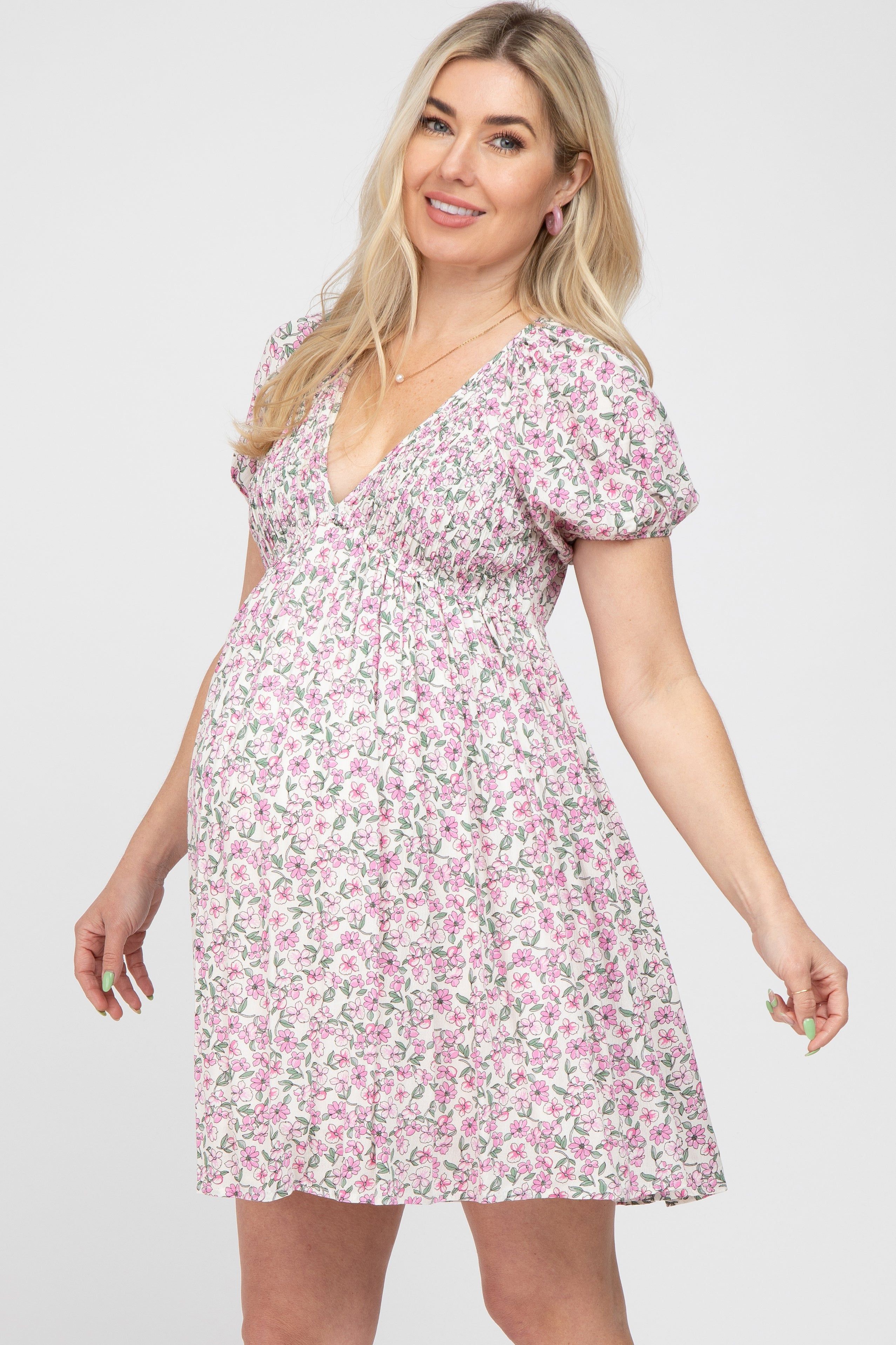 Pink Floral Smocked V-Neck Maternity Dress sold by Pinkblush product image thumbnail 2