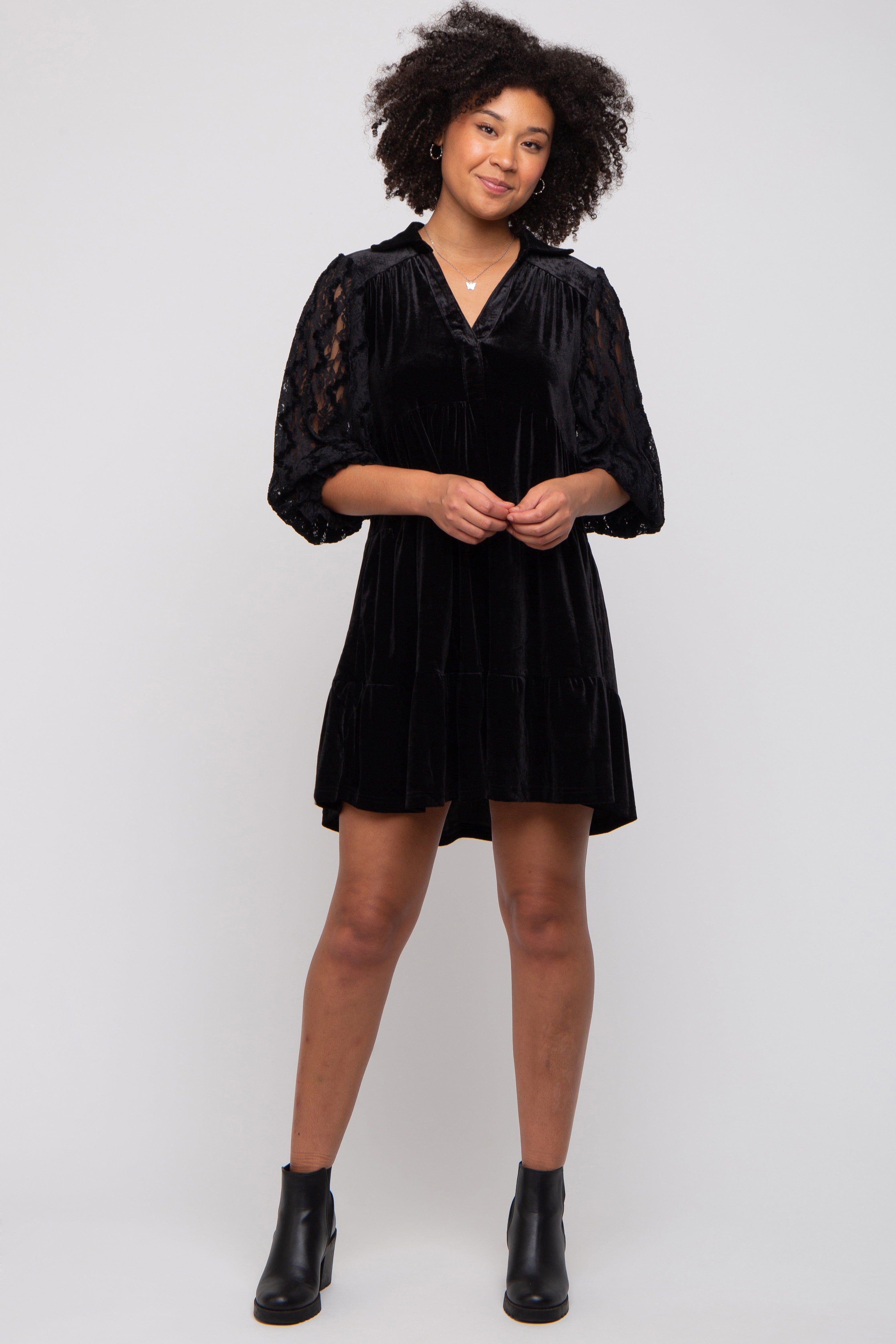 Black Velvet Lace Sleeve Collared Tiered Dress sold by Pinkblush product image thumbnail 4