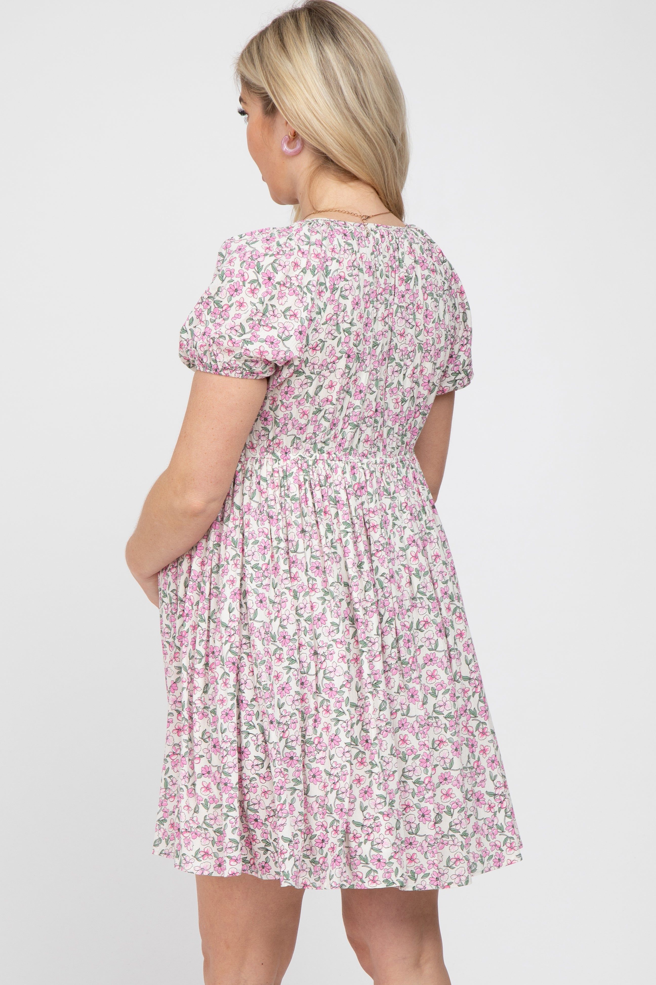 Pink Floral Smocked V-Neck Maternity Dress sold by Pinkblush product image thumbnail 3
