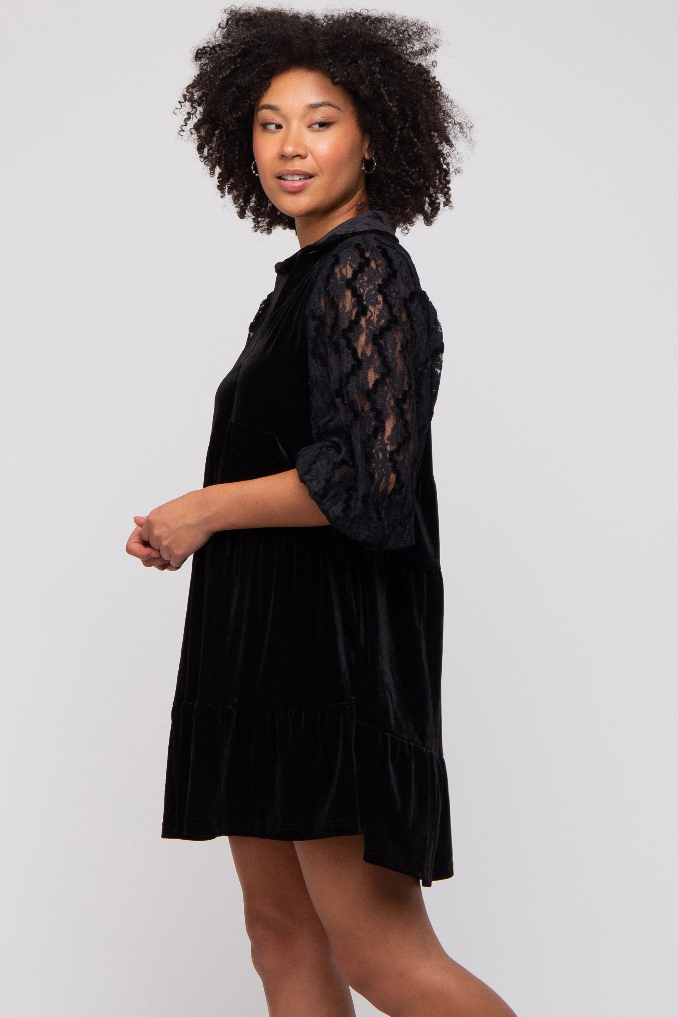 Black Velvet Lace Sleeve Collared Tiered Dress sold by Pinkblush product image thumbnail 2