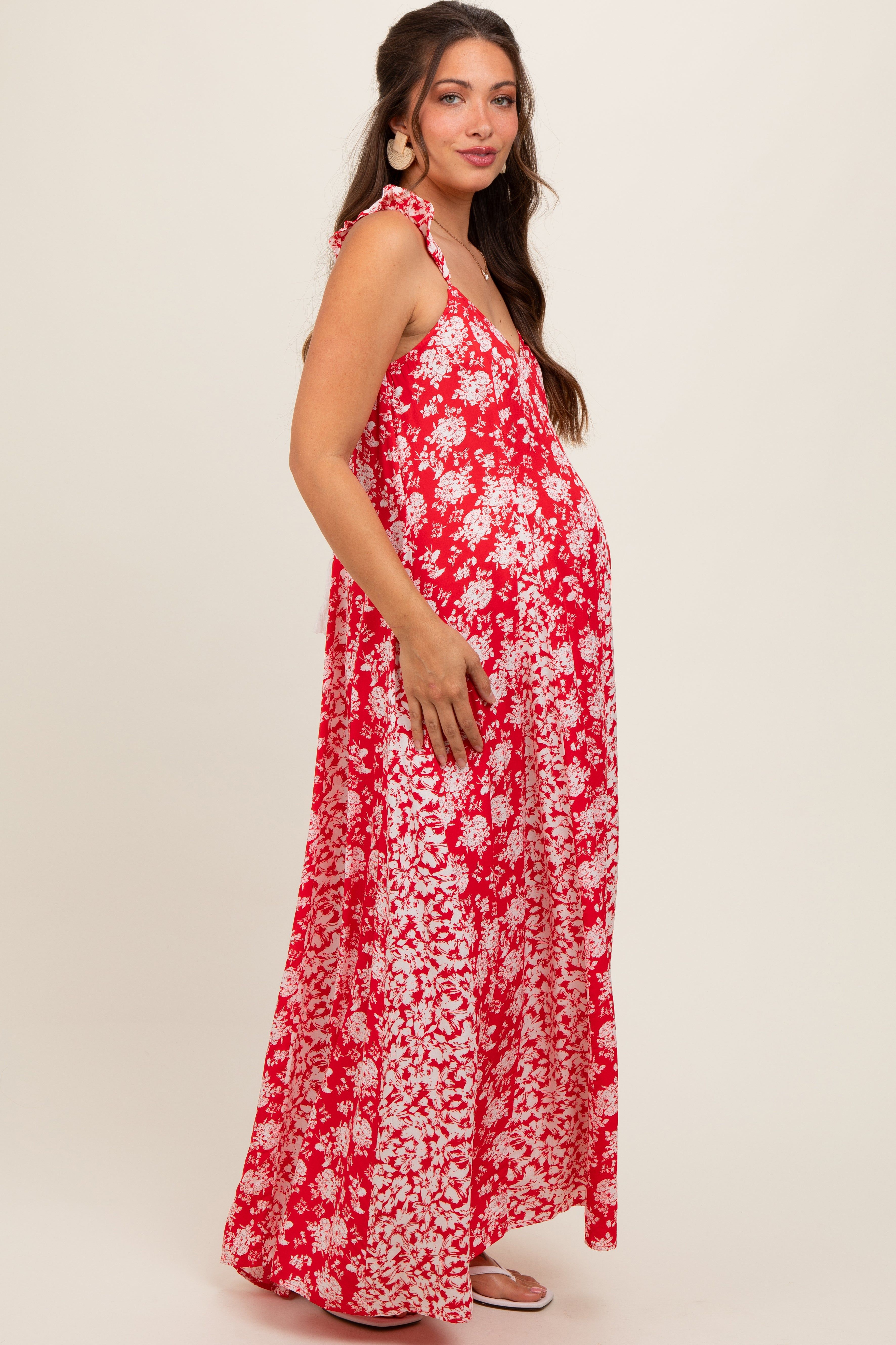 Red Floral Ruffle Shoulder Cut-Out Back Maternity Maxi Dress sold by Pinkblush product image thumbnail 2