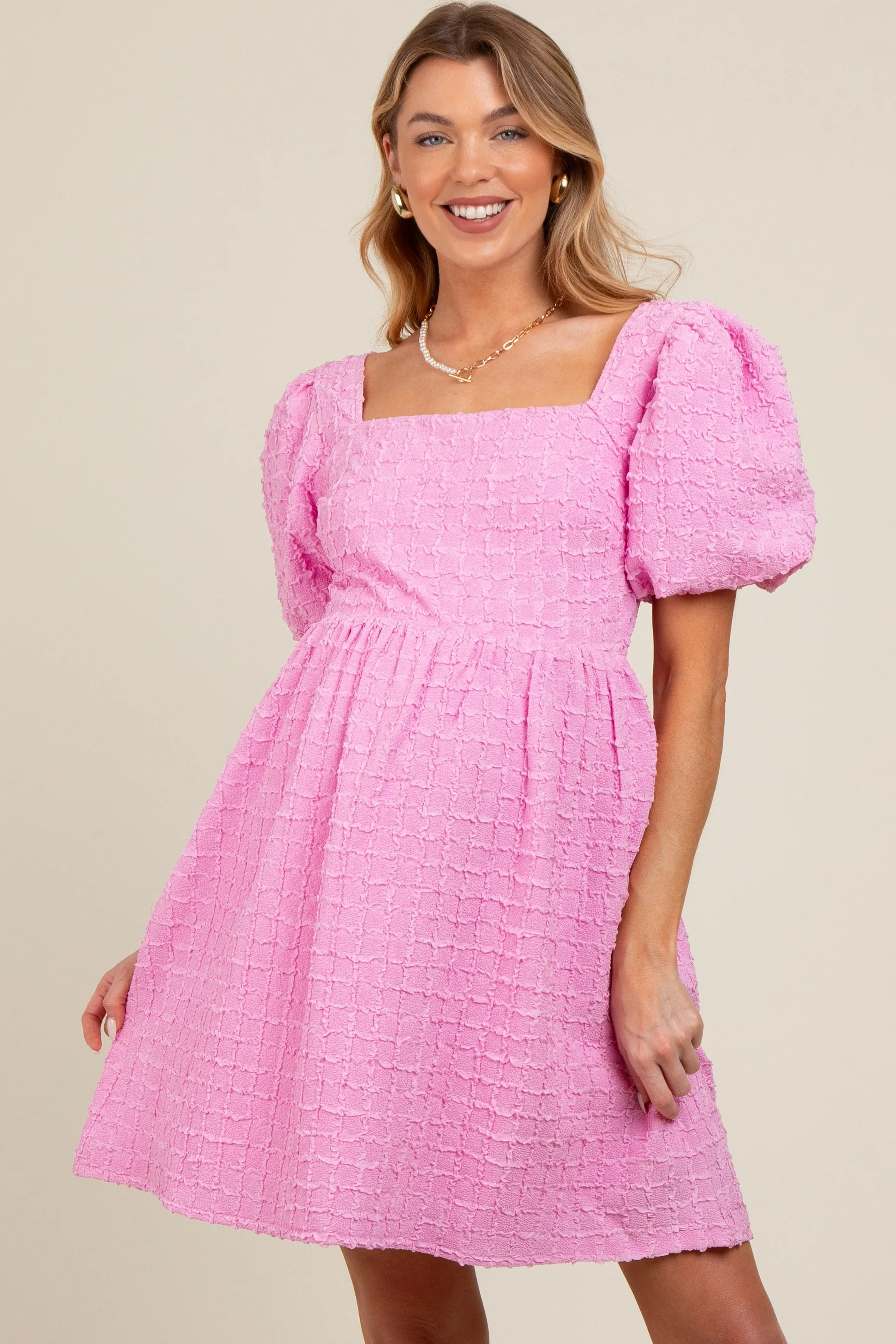 Pink Textured Bubble Sleeve Maternity Mini Dress sold by Pinkblush product image thumbnail 3