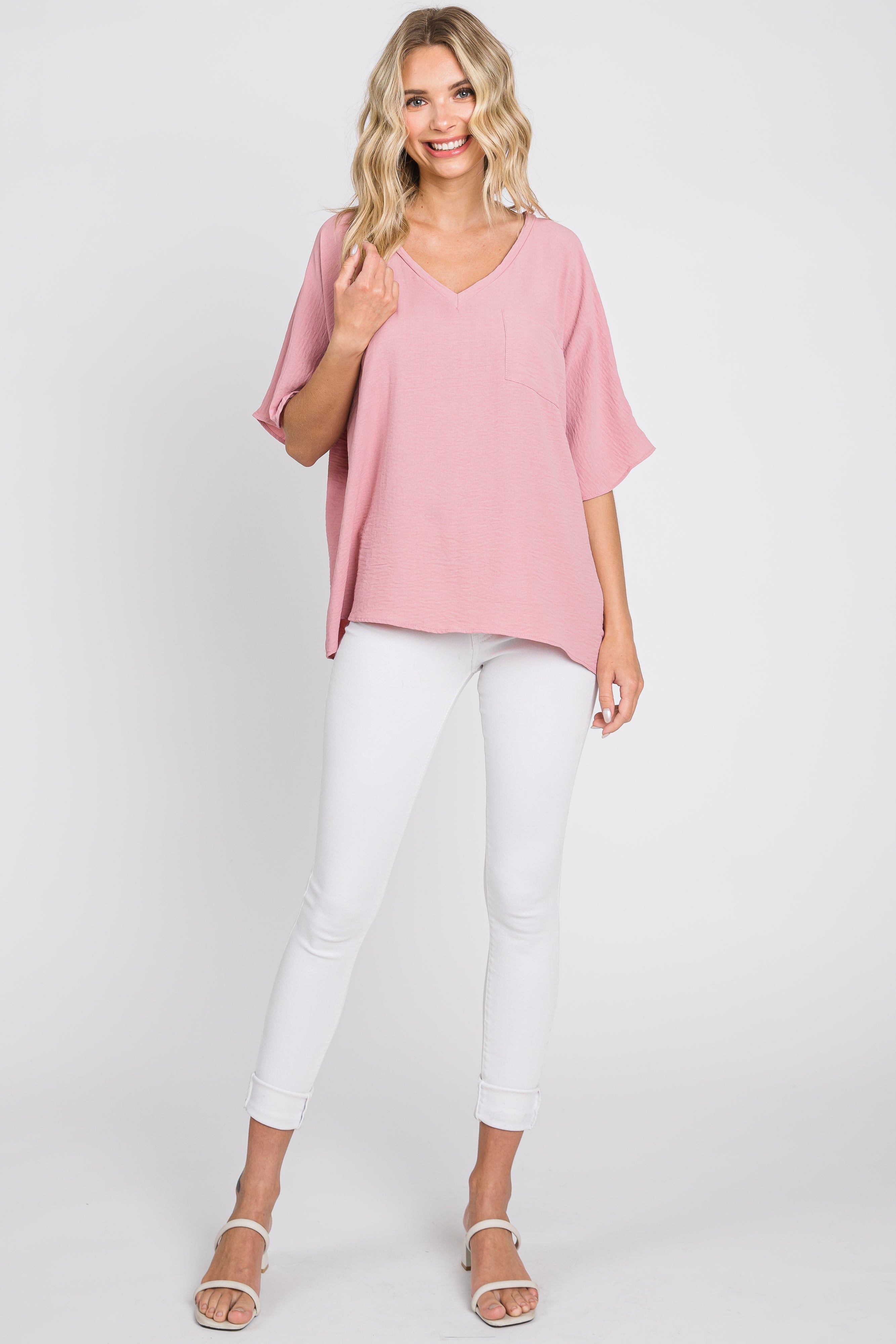 Mauve Oversized V-Neck Pocket Front Blouse sold by Pinkblush product image thumbnail 4